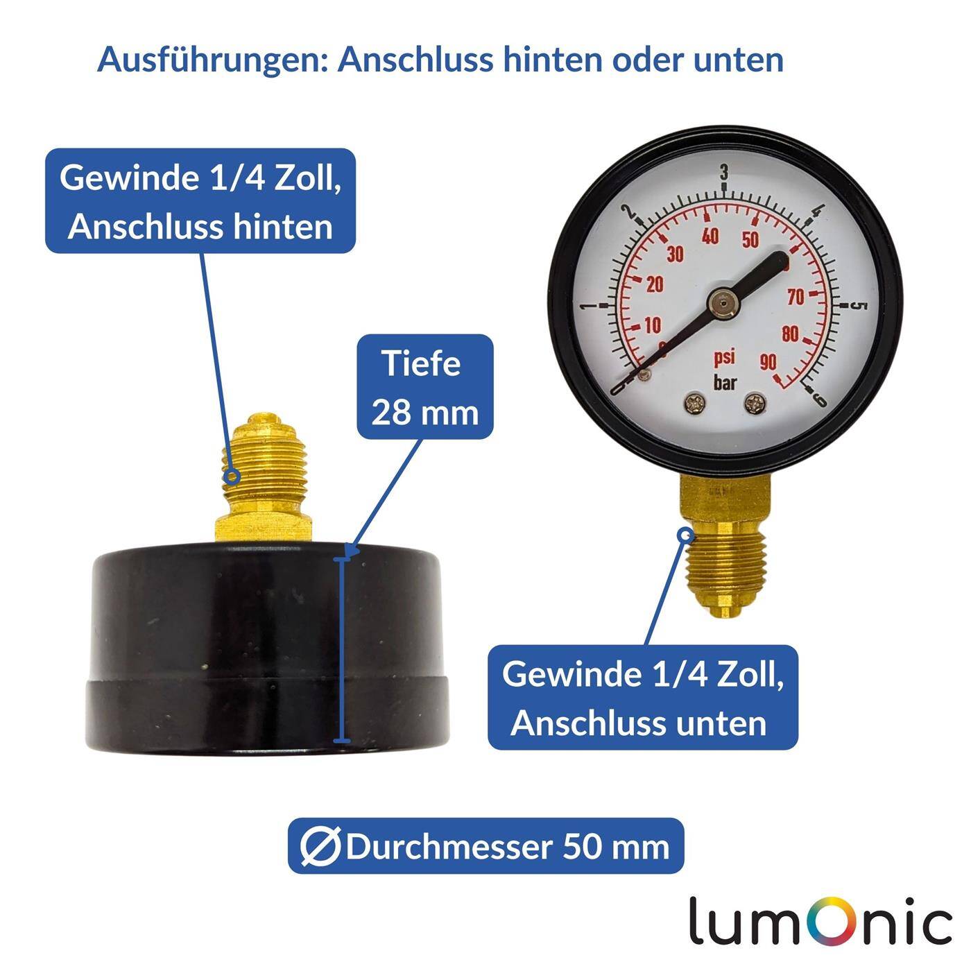 Lumonic I Manometer 0-10bar I 1/4 Zoll I Klasse 2,5 I Anschluss unten I Durchmesser 50mm I Druckmesser I für Druckluft und Wasser