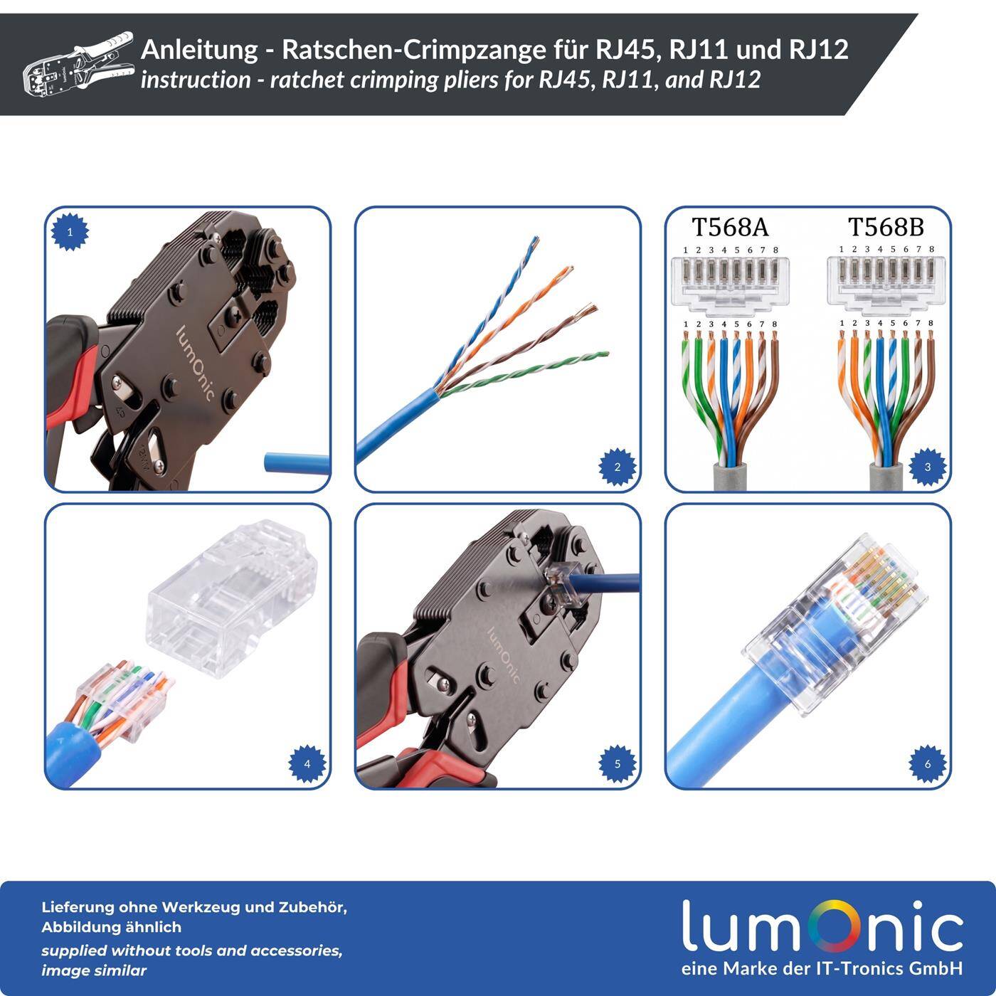 Lumonic Ratchet Crimping Pliers for RJ45, RJ11, and RJ12 - Ratchet mechanism, metal body, RJ45, RJ11, and RJ12, for all CAT classes, network and telephone