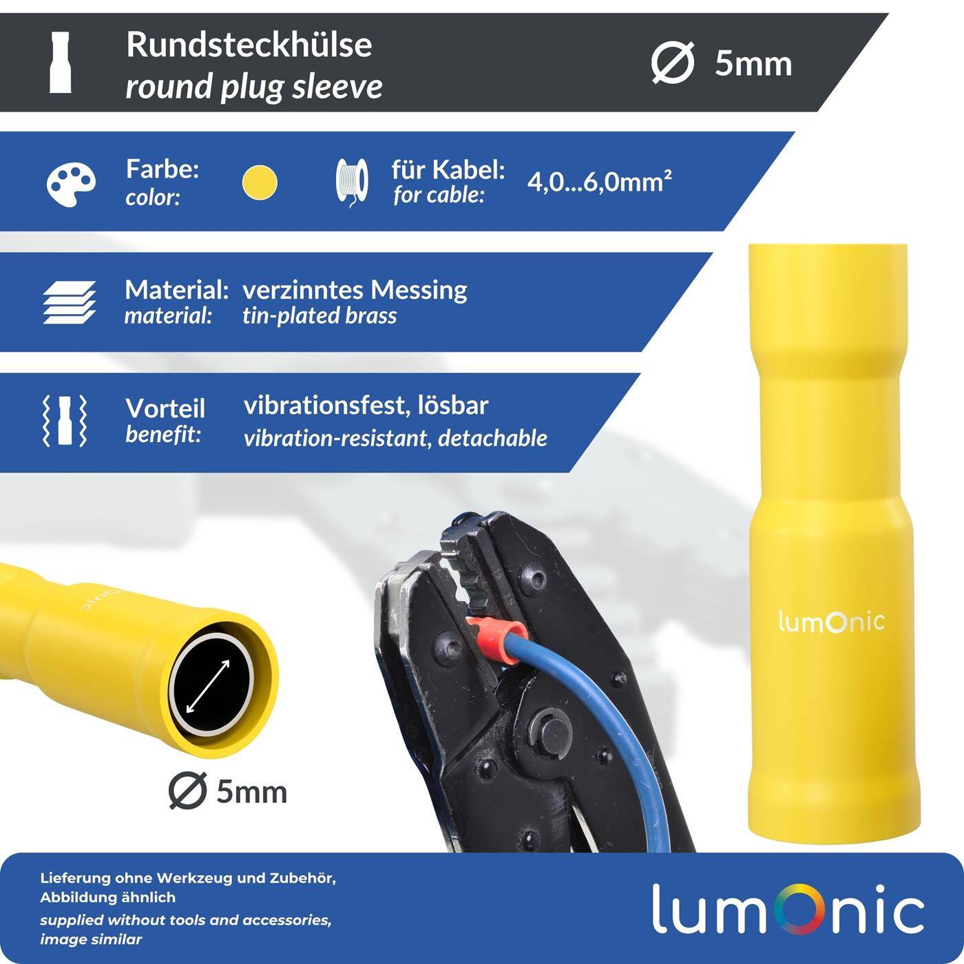 25x Round plug-in sleeve partially insulated 4-6mm² Pin diameter 5mm Yellow for round plugs Brass tinned 25x Round plug-in sleeve partially insulated 4-6mm² Pin diameter 5mm Yellow for round plugs Brass tinned