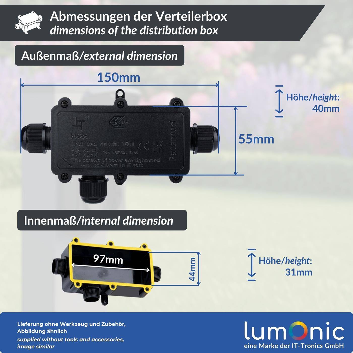 3-way L junction box watertight IP68, Fast, secure cable distribution, for cables 0.5-2.5mm², UV-resistant, -40°C to+ 105°C, Junction box for outdoor, garden, underground cable