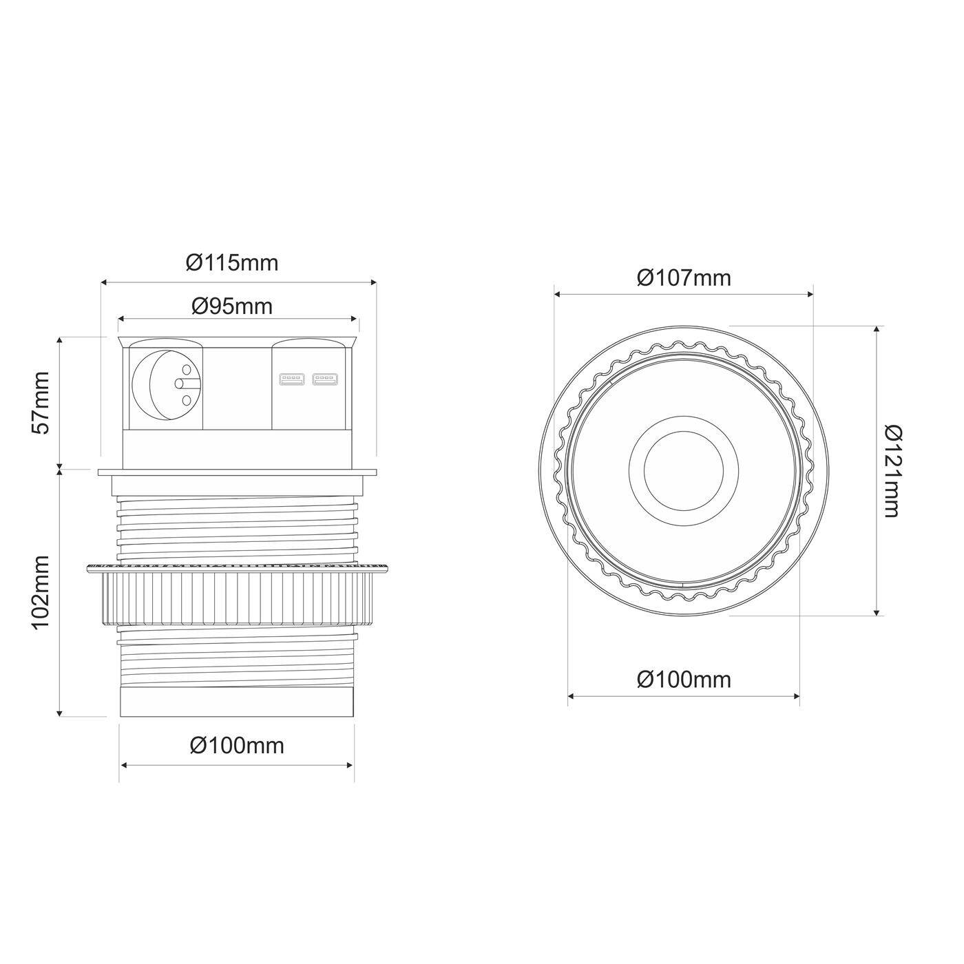 Lumonic TetraBox 3x Schuko Steckdose + 2x USB 2,4A Tischsteckdose silber I 3 Steckdosen mit 230V im Tower max. 3600W I Mit Bohrloch-Größe 107mm Ideal für den Einbau