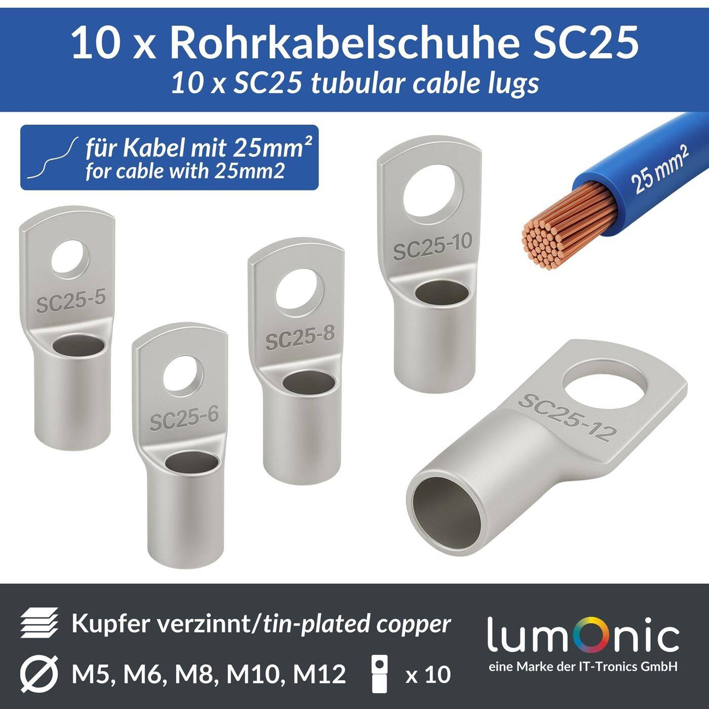 10x Rohrkabelschuh blank 25mm² Lochdurchmesser M5 SC25-5 Ringzunge Kupfer verzinnt