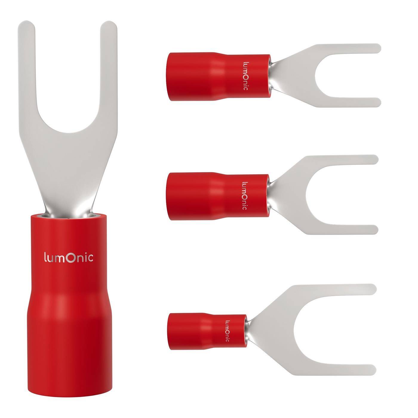 Lumonic 25x Gabelkabelschuh 0,5-1,5mm² teilisoliert | M3 | Kupfer verzinnt | sichere Kabelverbindung ohne Löten | Set mit 25 Stück Crimp-Kabelschuh, Quetschverbinder | KFZ, Maschinenbau, Wohnmobil, Batterie