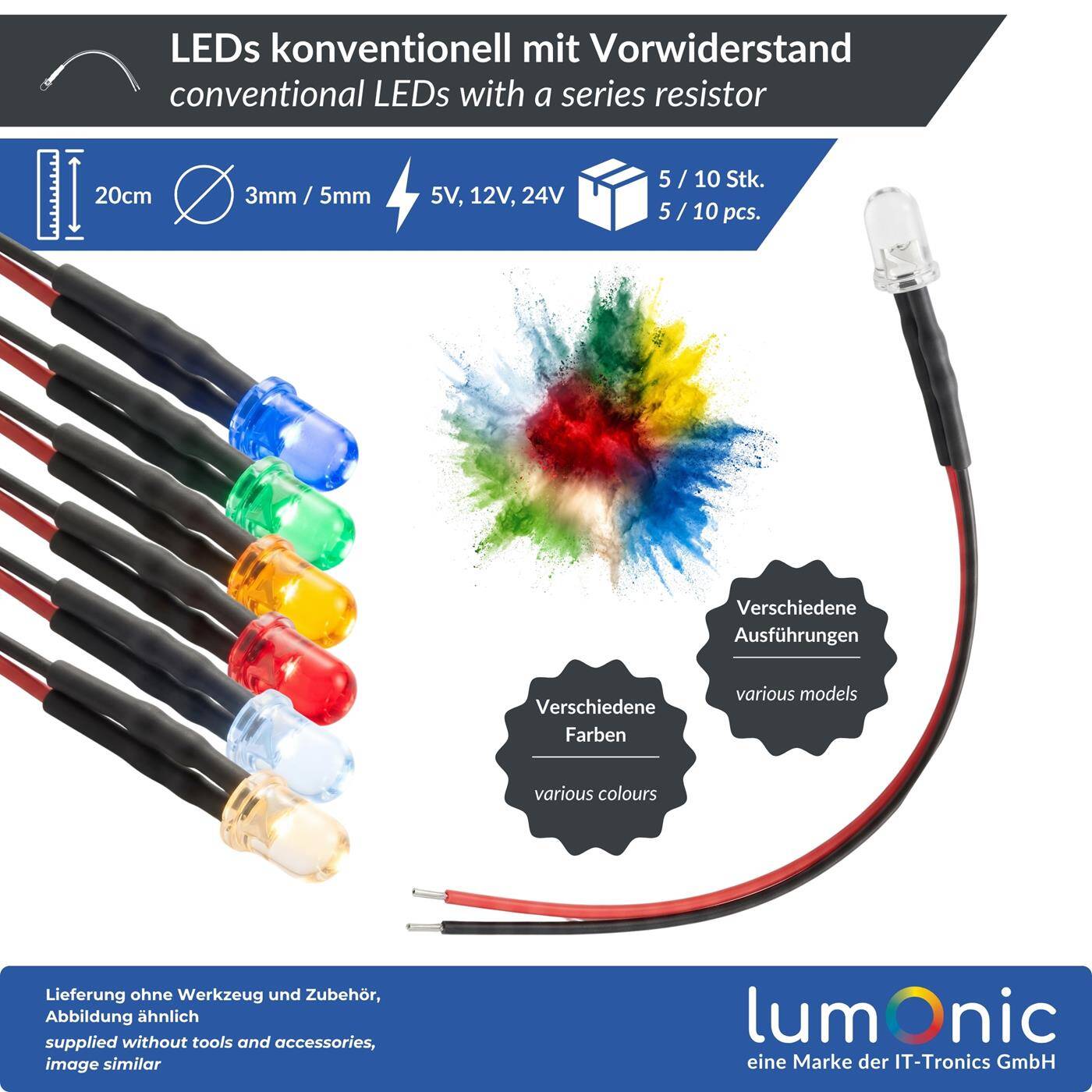 Lumonic 5x Superhelle LEDs mit Vorwiderstand für 12V Anwendungen - High Power LEDs mit Anschlusskabel zum selber Löten DIY in Farbe Gelb - Durchmesser: 3mm