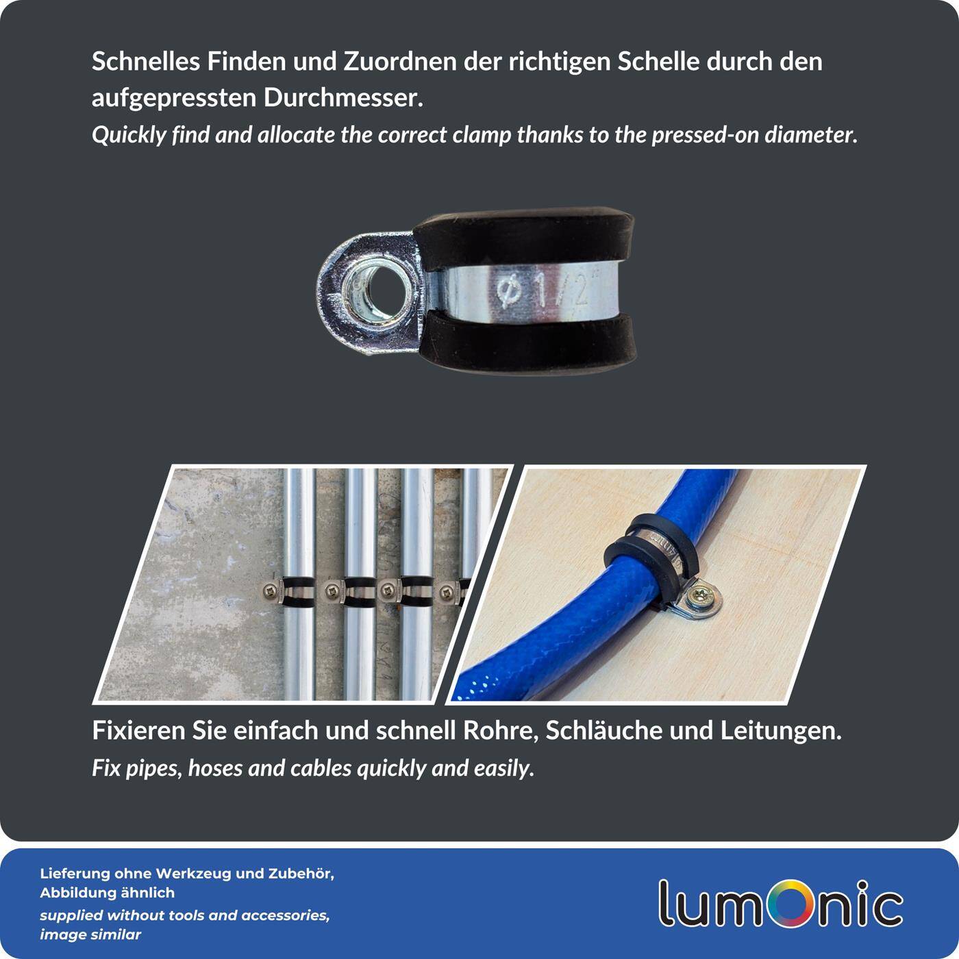 Lumonic 10x 13mm Rohrschellen mit Gummieinlage I Kabelschellen zum Schrauben I Schlauchschelle 13mm, Rohrschellen, Befestigungsschelle 13mm, Rohrhalterung