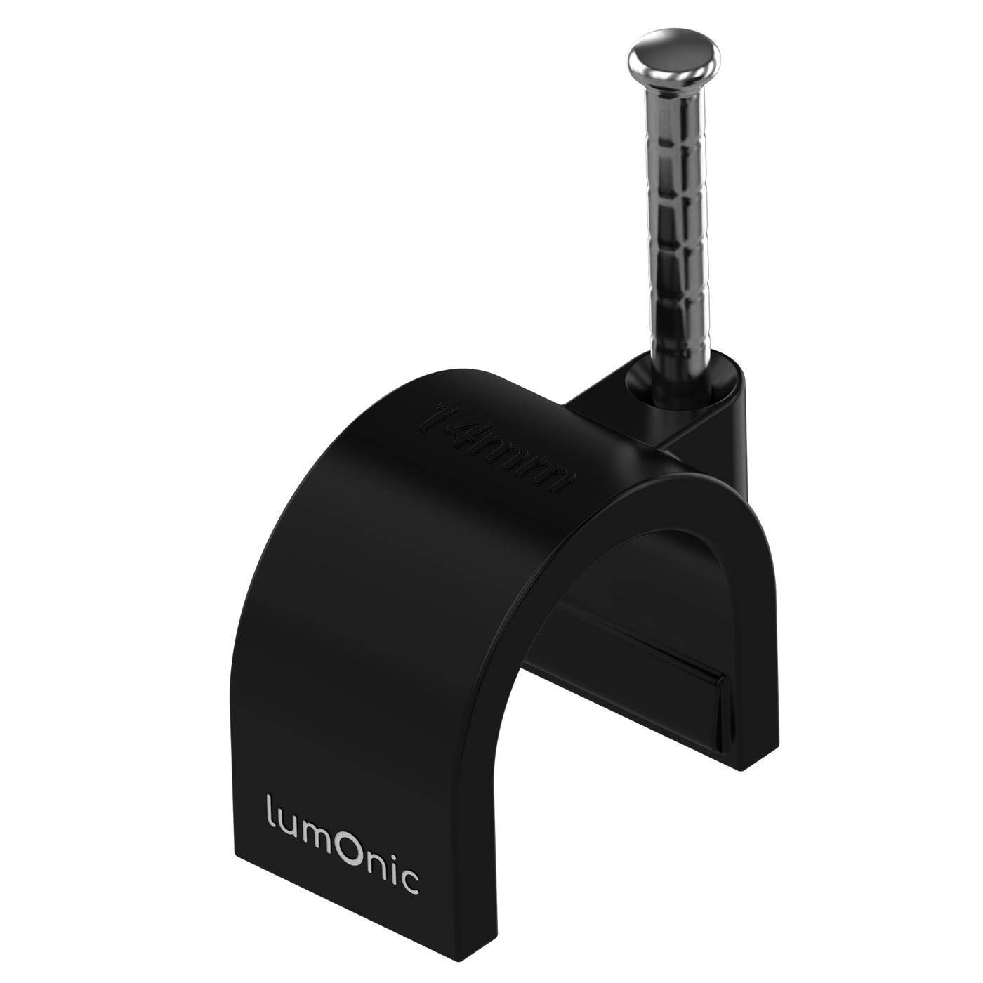 Lumonic 100x Nagelschelle 14mm für Kabel schwarz - Kabelschelle mit 30mm Nagel z.B. zur Befestigung an der Wand - Kabelklemmen verschiedene Größen 4-14mm