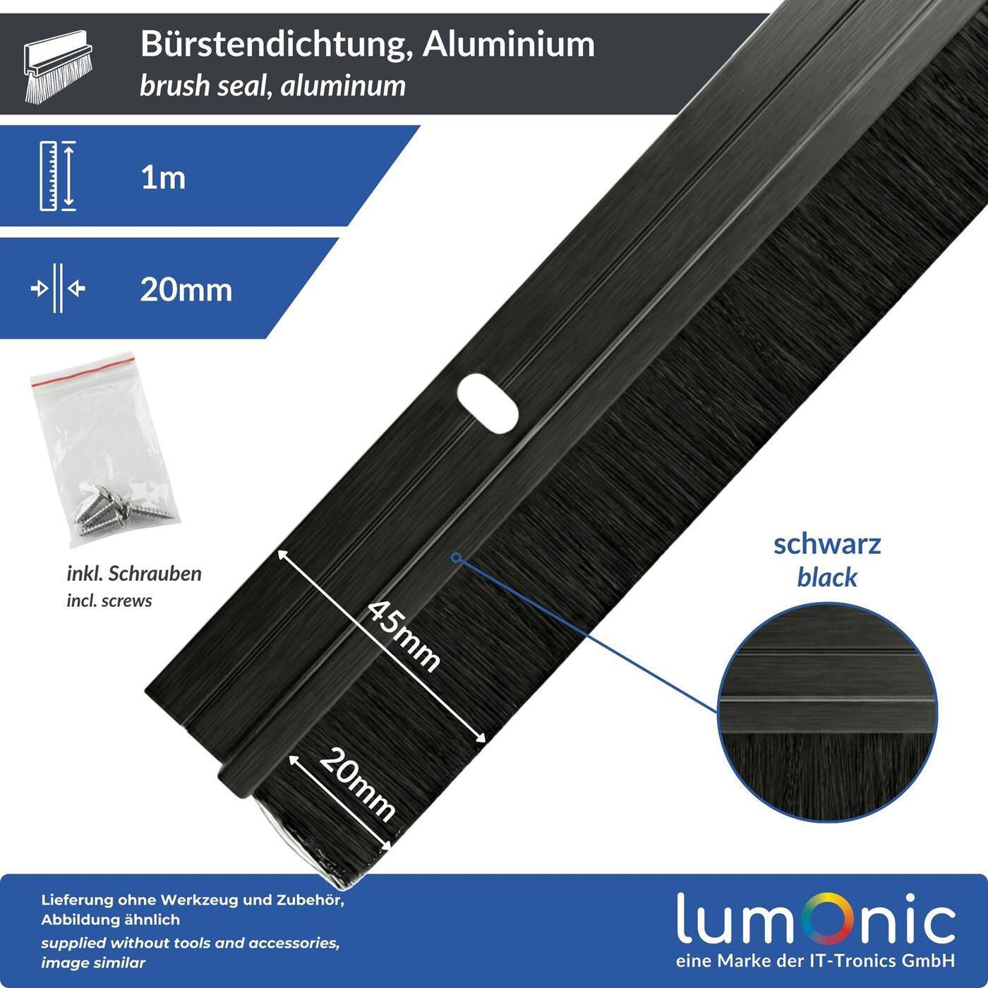 Lumonic 1m Brush seal 20mm | Aluminum profile black | Saves heating costs | Screwable + Can be cut to size | Door bottom seal as draught excluder, cold protection, insect protection for doors