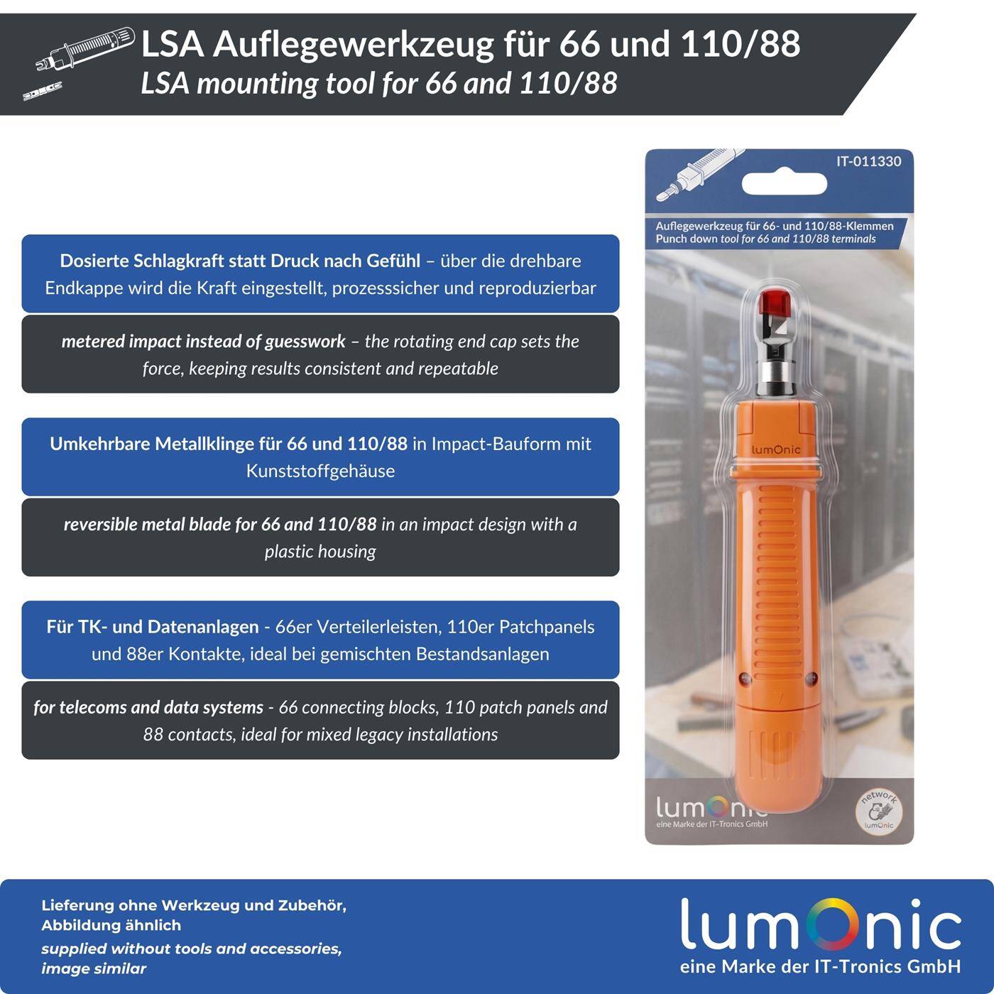 Lumonic LSA Auflegewerkzeug für 66 und 110/88 - Impact-Bauform, umkehrbare Klinge für 66 und 110/88, ohne Schneidfunktion, Schlagkraft einstellbar, für TK- und Datenanlagen