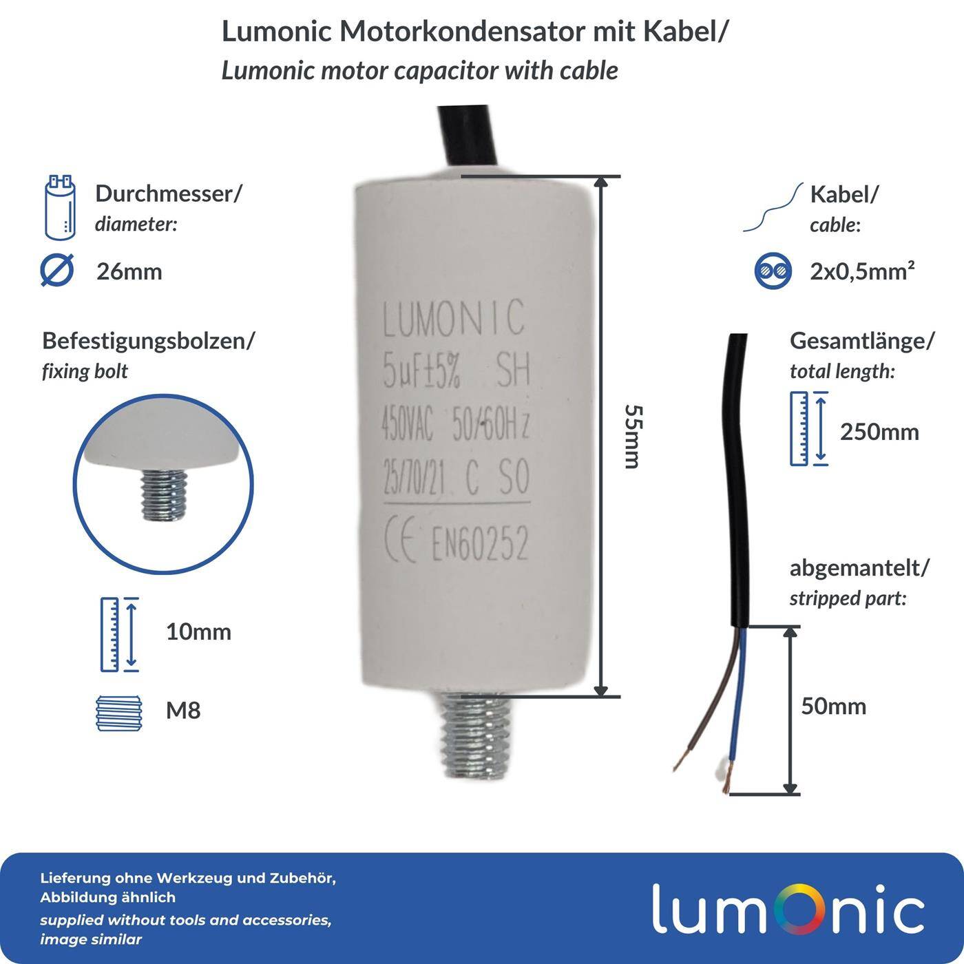 Lumonic Anlaufkondensator 5µF 450V | mit Kabel I 26x55mm I 5uF I Motorkondensator mit Kunststoffgehäuse I Betriebskondensator I für Pumpen, Rasenmäher, Werkzeuge