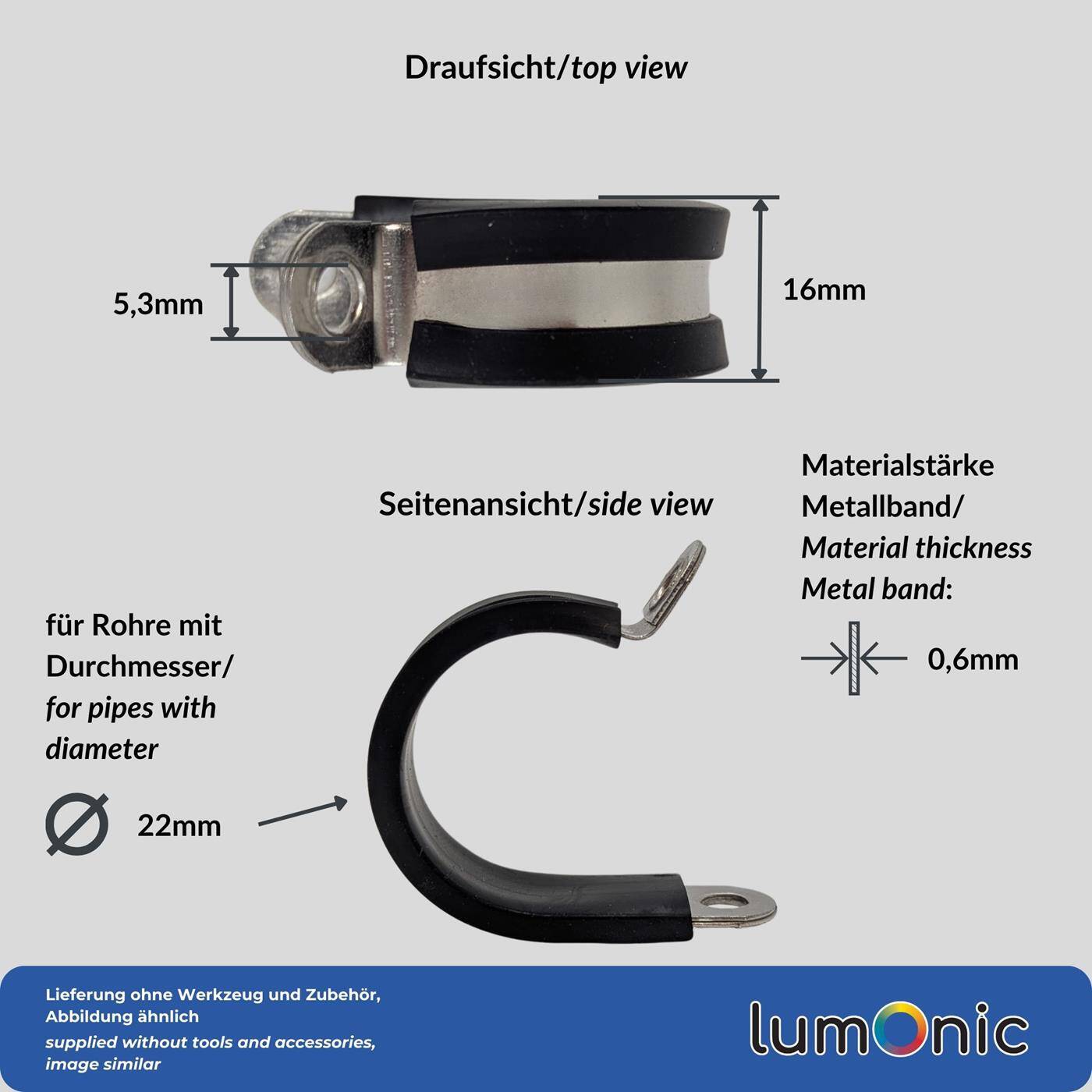 5x P-Clip Leitungsschelle Edelstahl V2A mit Gummi 22mm Rohrschelle Befestigungsschelle
