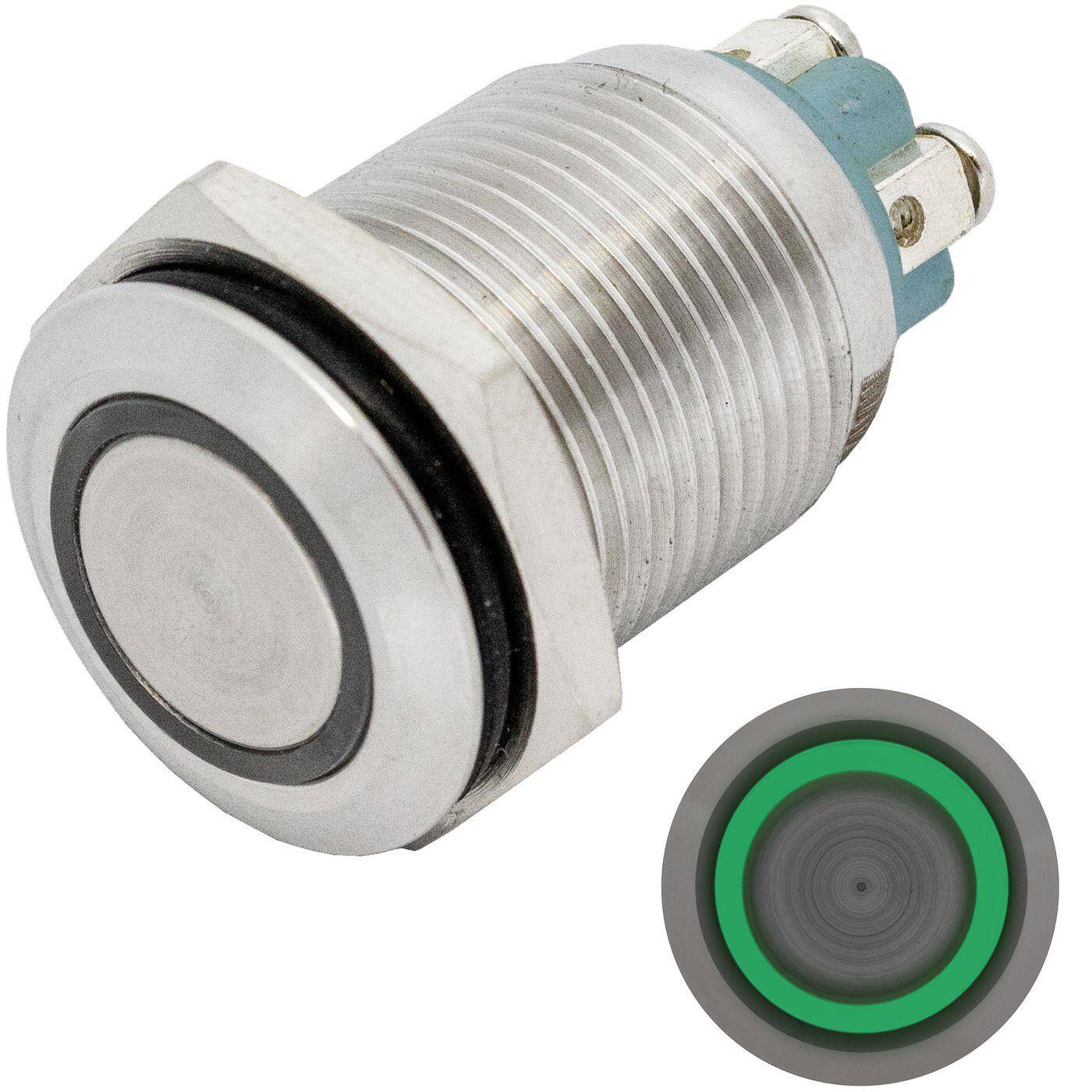 Lumonic Edelstahl Drucktaster flach 16mm Durchmesser I Mit einer Ring LED in Grün Maße: Schraubanschluss 250V 3A I Vandalismussicher nach dem IP65 Standard