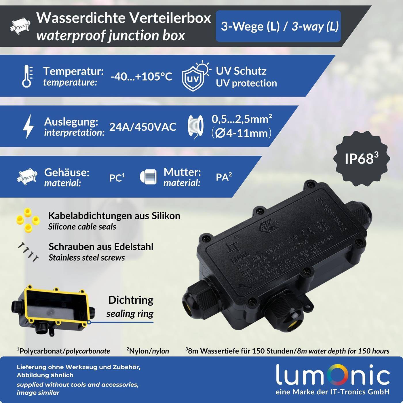 Lumonic 3-Wege L Abzweigdose wasserdicht IP68 | schnelle, sichere Kabelverteilung | für Kabel 0,5-2,5mm² | UV-Beständig, -40°C bis+ 105°C | Verteilerdose für Outdoor, Garten, Erdkabel