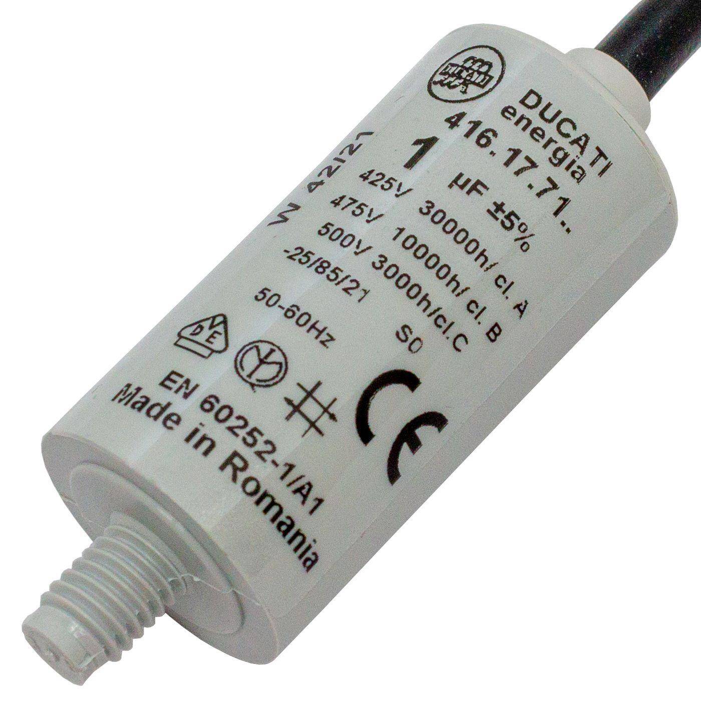 Anlaufkondensator Motorkondensator 1µF 475V 25x49mm Kabel 35cm Ducati 416.17.71 B 1uF