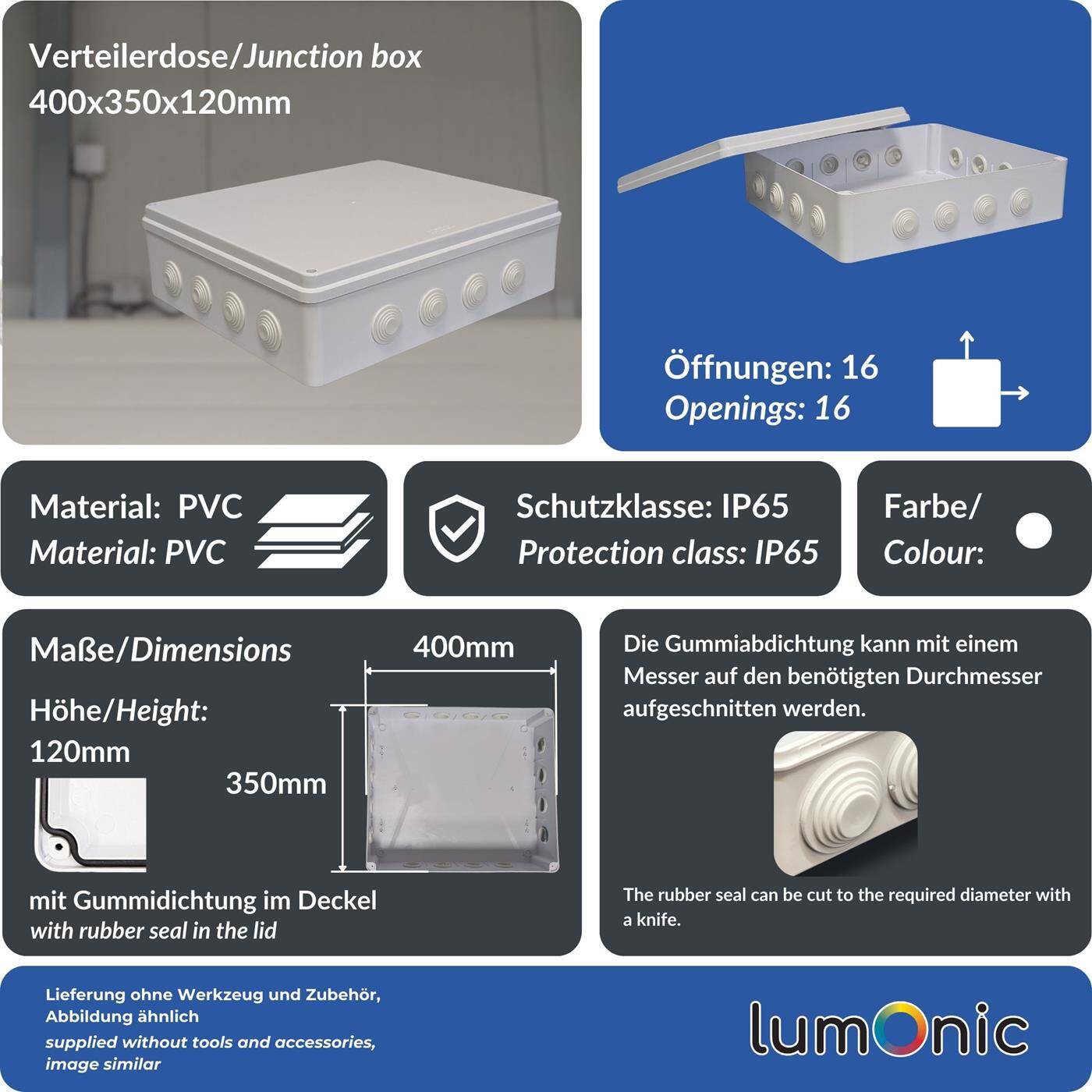 Verteilerdose Aufputz IP65 400x350x120mm 15 Öffnungen Abzweigdose Wasserdicht Weiß Anschlussdose Klemmdose