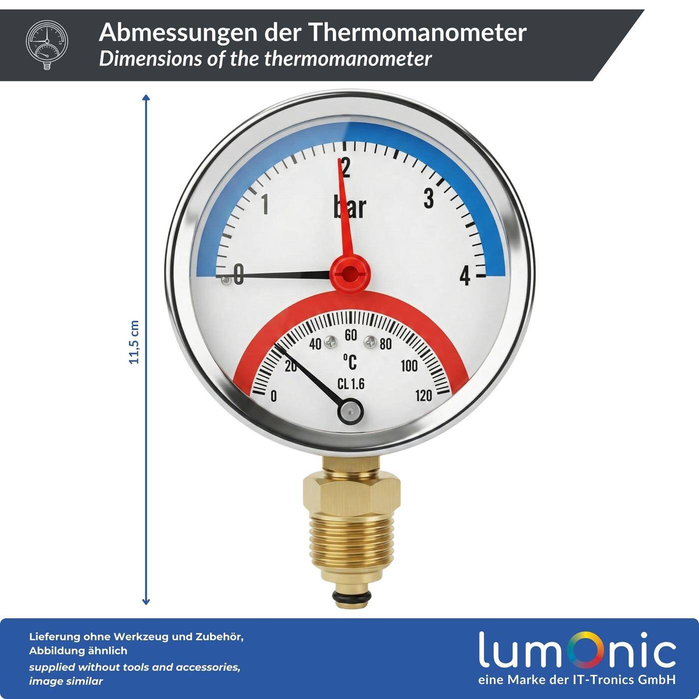Thermomanometer 4bar 0-120°C 1/4 + 1/2 inch (adapter) Bottom connection Ø 80mm large scale Heating pressure gauge Metal housing