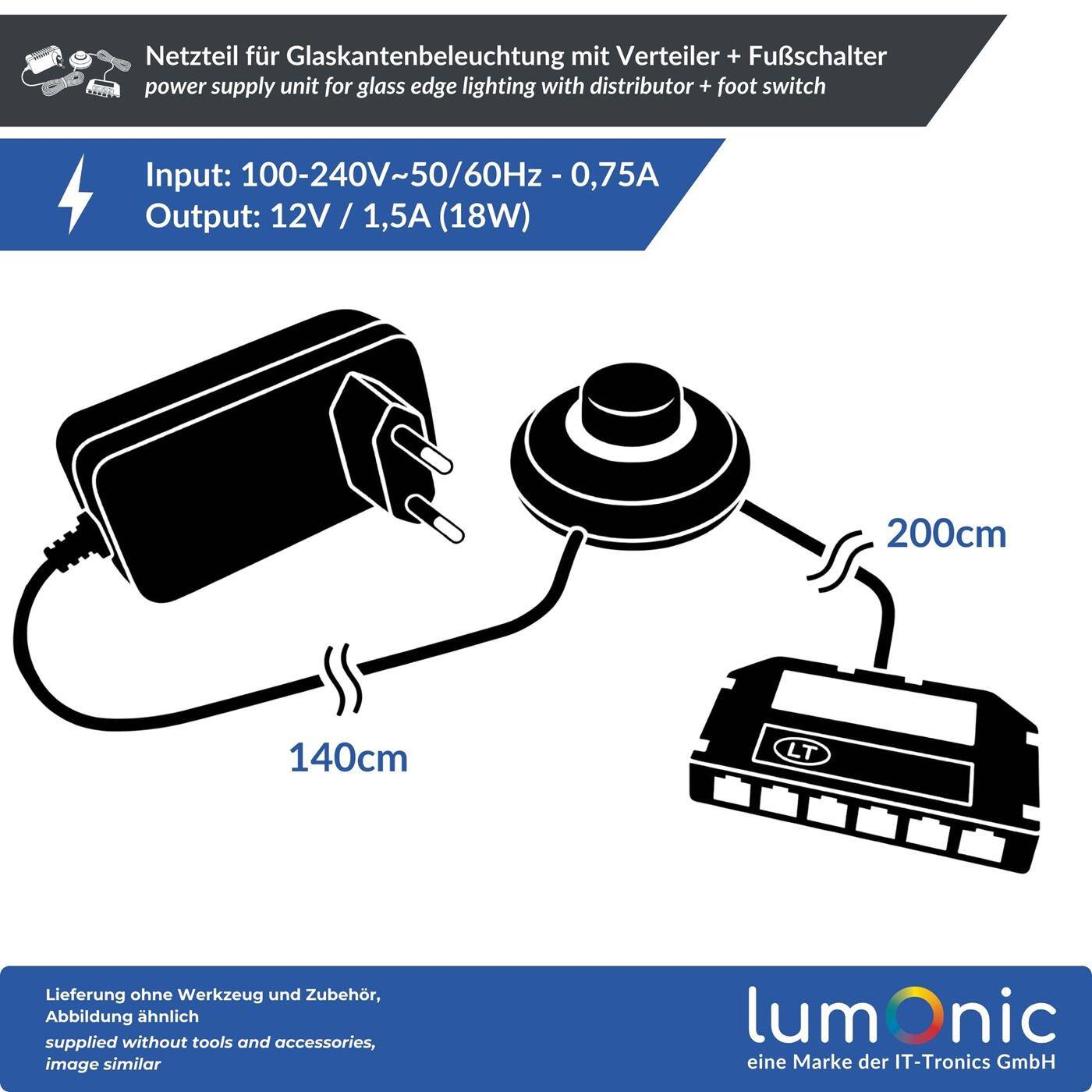 LED Netzteil Glaskantenbeleuchtung 12V 18W mit Fußschalter & 6-fach Verteiler, 340cm, Plug & Play, Trafo für Glasbodenbeleuchtung