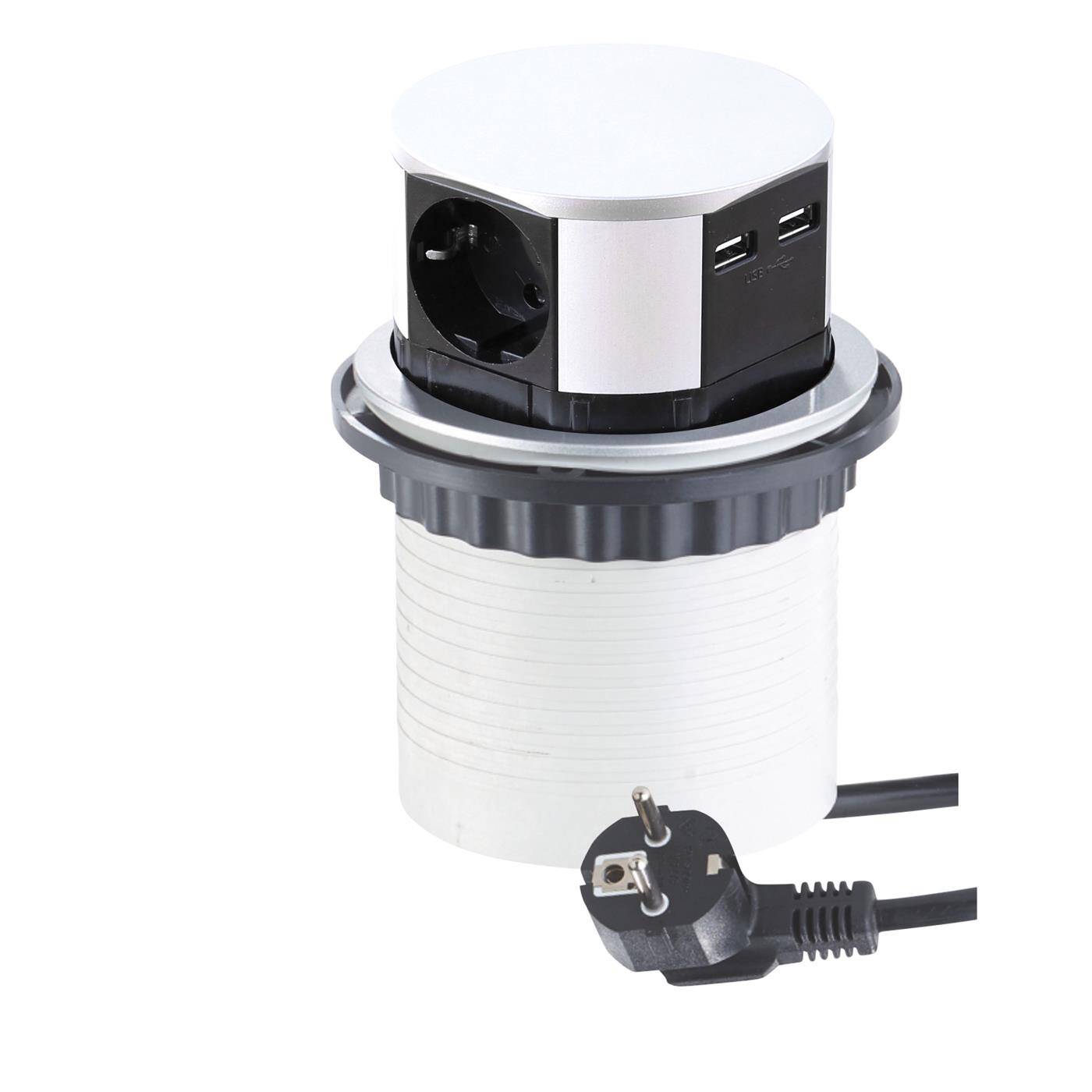 Lumonic TetraBox 3x Schuko Steckdose + 2x USB 2,4A Tischsteckdose silber I 3 Steckdosen mit 230V im Tower max. 3600W I Mit Bohrloch-Größe 107mm Ideal für den Einbau