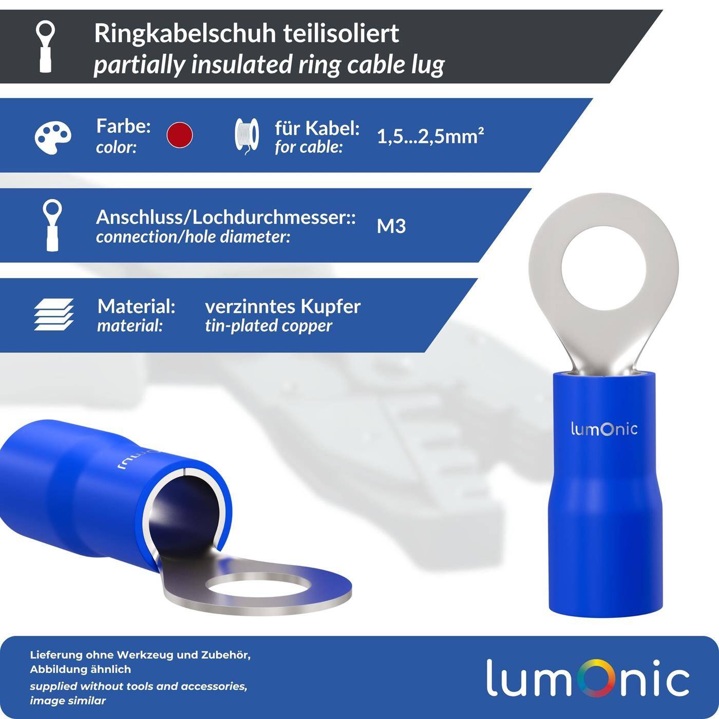 25x Ringkabelschuh teilisoliert 1,5-2,5mm² Lochdurchmesser M3 Blau Ringzunge Kupfer verzinnt 25x Ringkabelschuh teilisoliert 1,5-2,5mm² Lochdurchmesser M3 Blau Ringzunge Kupfer verzinnt