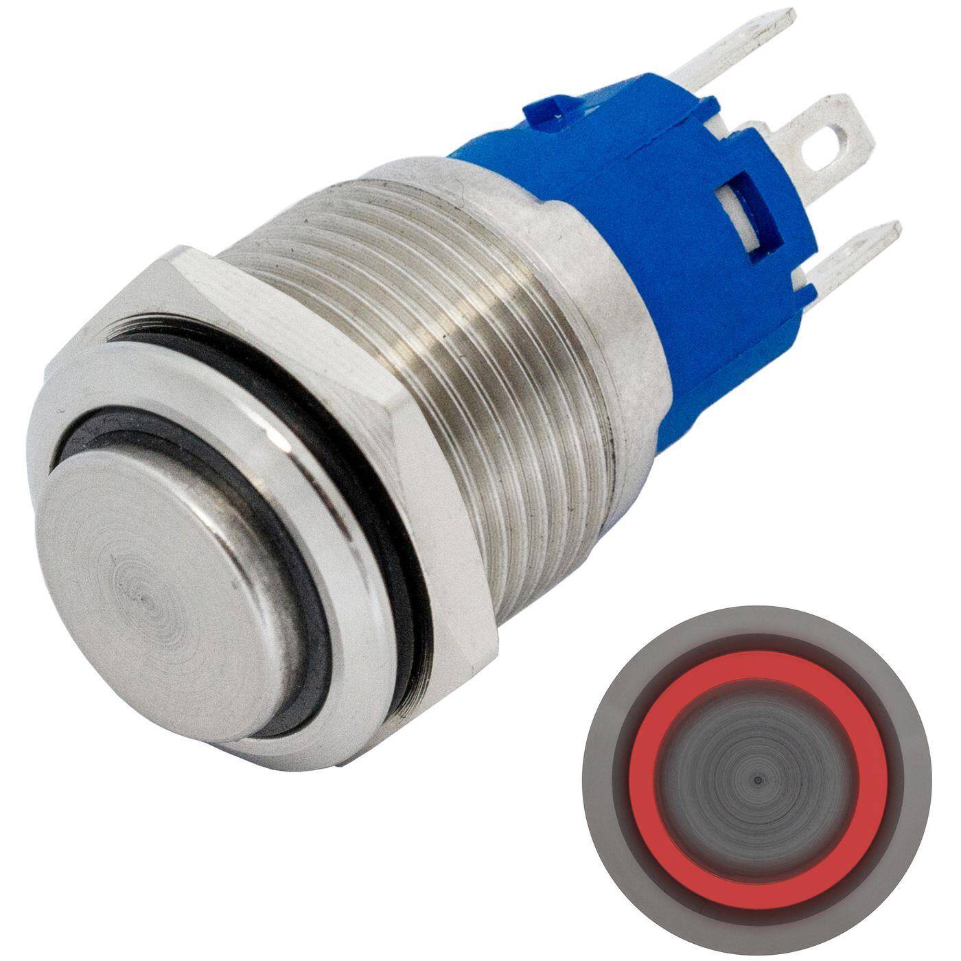 Lumonic Edelstahl Druckschalter erhaben 16mm Durchmesser I Mit einer Ring LED in Rot Maße: 2,8x0,5mm Pin s 250V 3A I Vandalismussicher nach dem IP65 Standard