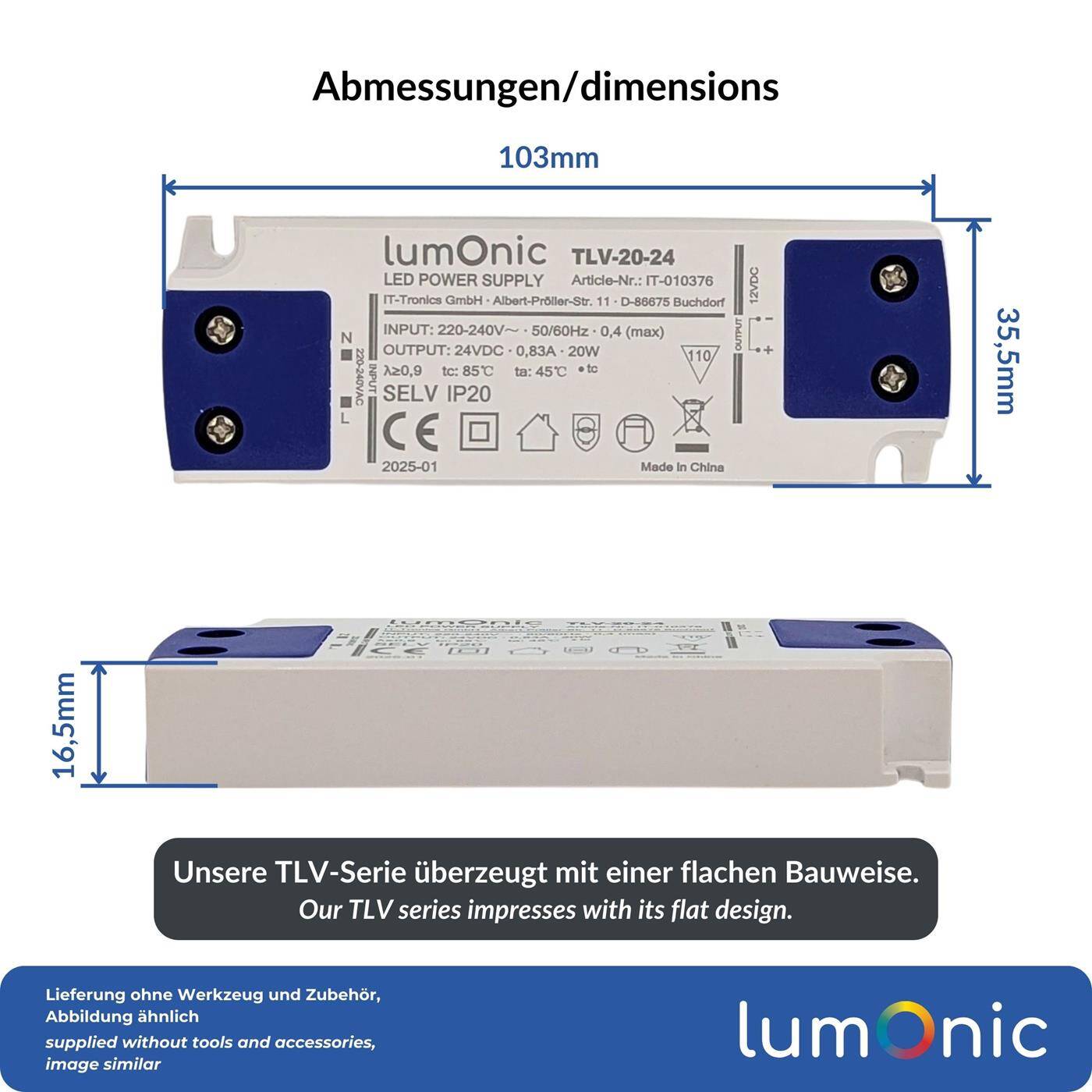 Lumonic I LED transformer TLV-20-24 I 24V 20W I Input 220-240VAC I flicker-free I Overload protection I LED power supply unit I for LED lighting
