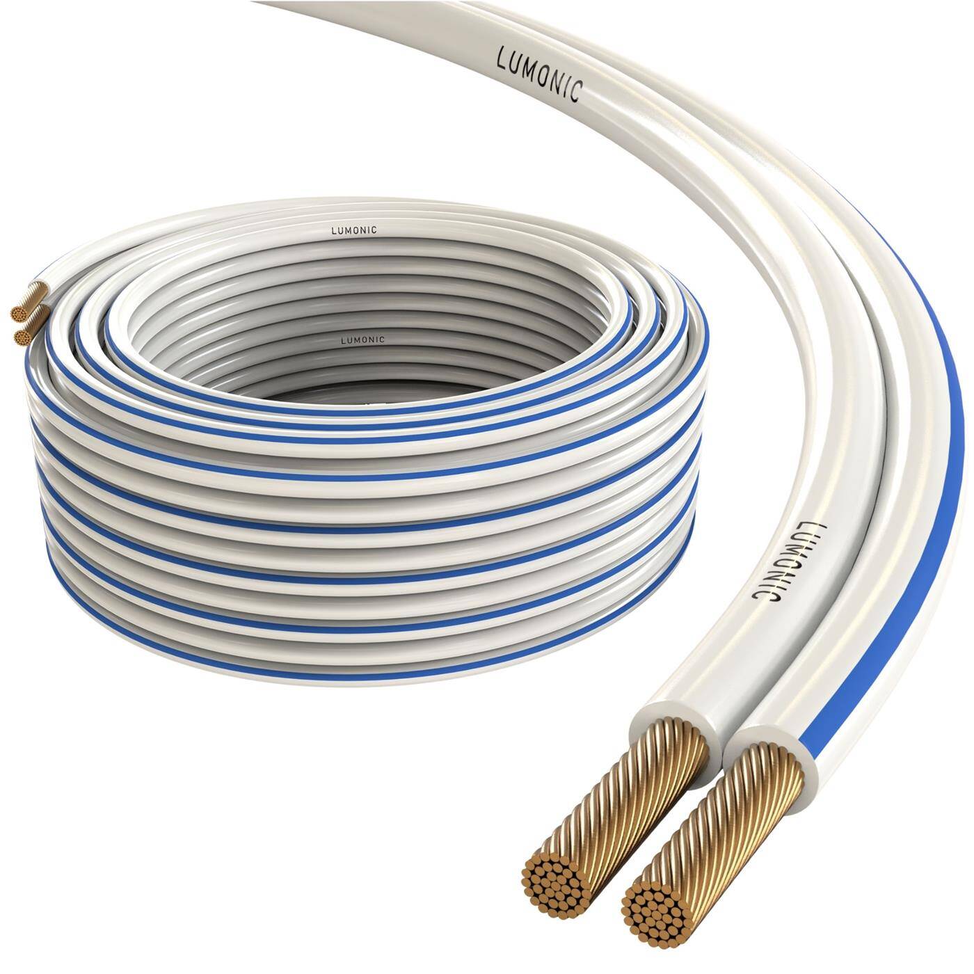 Lumonic Lautsprecherkabel | 10m Weiß | 2x 2,5mm² CCA | blaue Markierung HiFi Boxenkabel | Audio Zwillingsleitung
