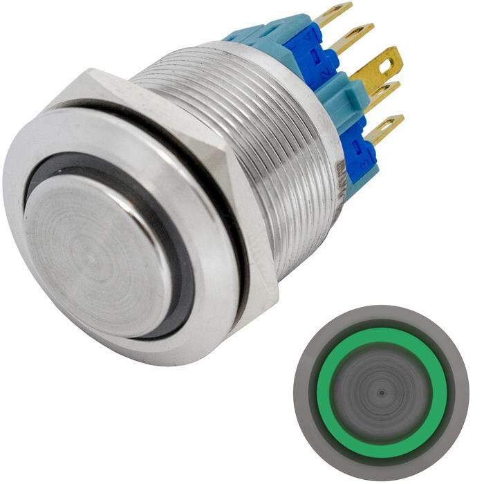 Stainless steel Pressure switch raised Ø22mm Ring LED Green IP65 2,8x0,5mm Pins 250V 3A Vandal-proof