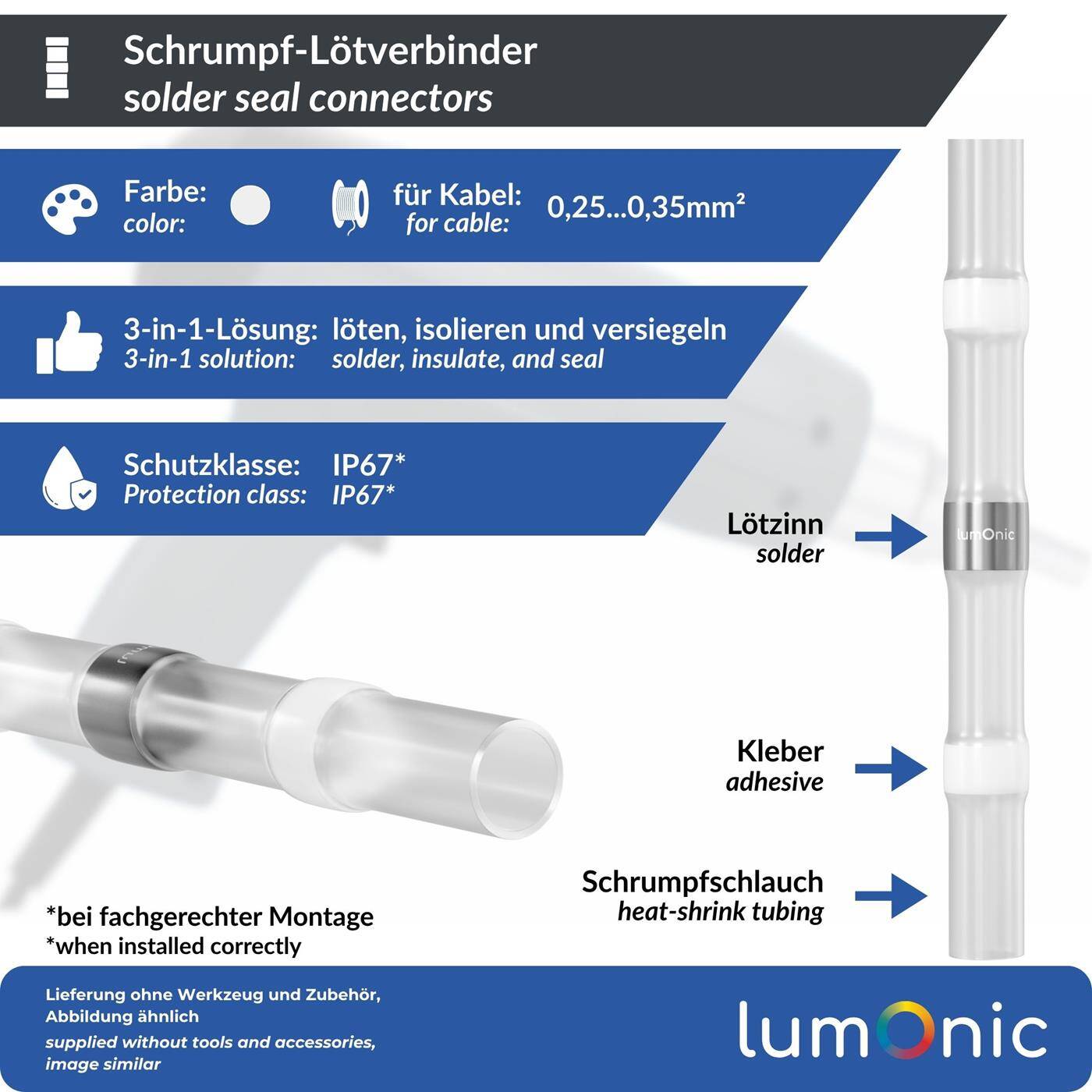 Lumonic 10x Schrumpf Lötverbinder  mit Schrumpfschlauch | 0,25-0,35mm² | Weiß | WarmSchrumpf Kabelverbinder | Wasserdicht IP67 | Kabel Reparatur