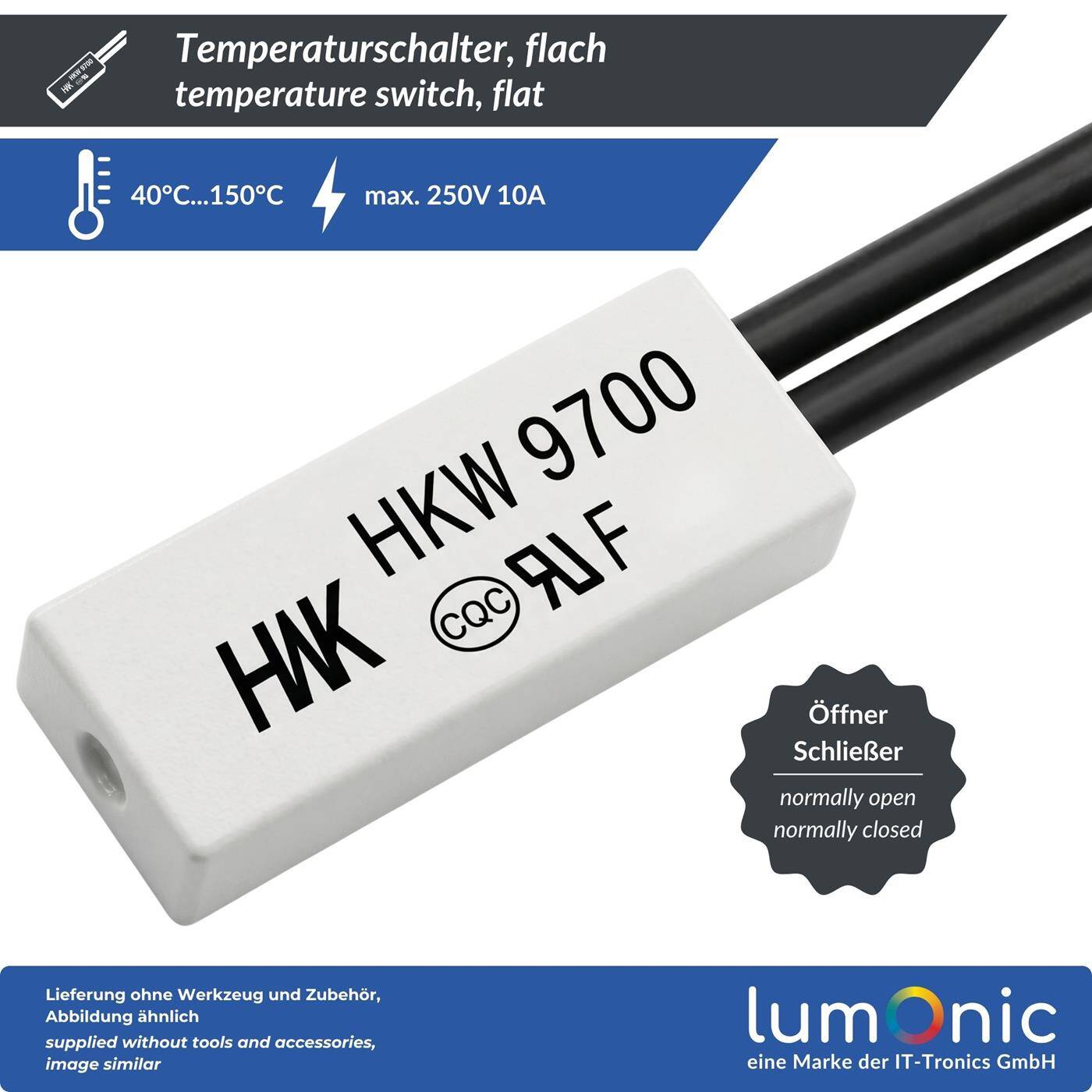 Lumonic HKW9700 Temperaturschalter flach | 65°C ± 5°C | Schließer NO | max. AC 250V/5A | max. DC 24V/8A | Kabel 70mm | 21x8x4mm | Thermoschalter, Bimetall, KSD9700 | Motoren, Netzteile, Heizlüfter