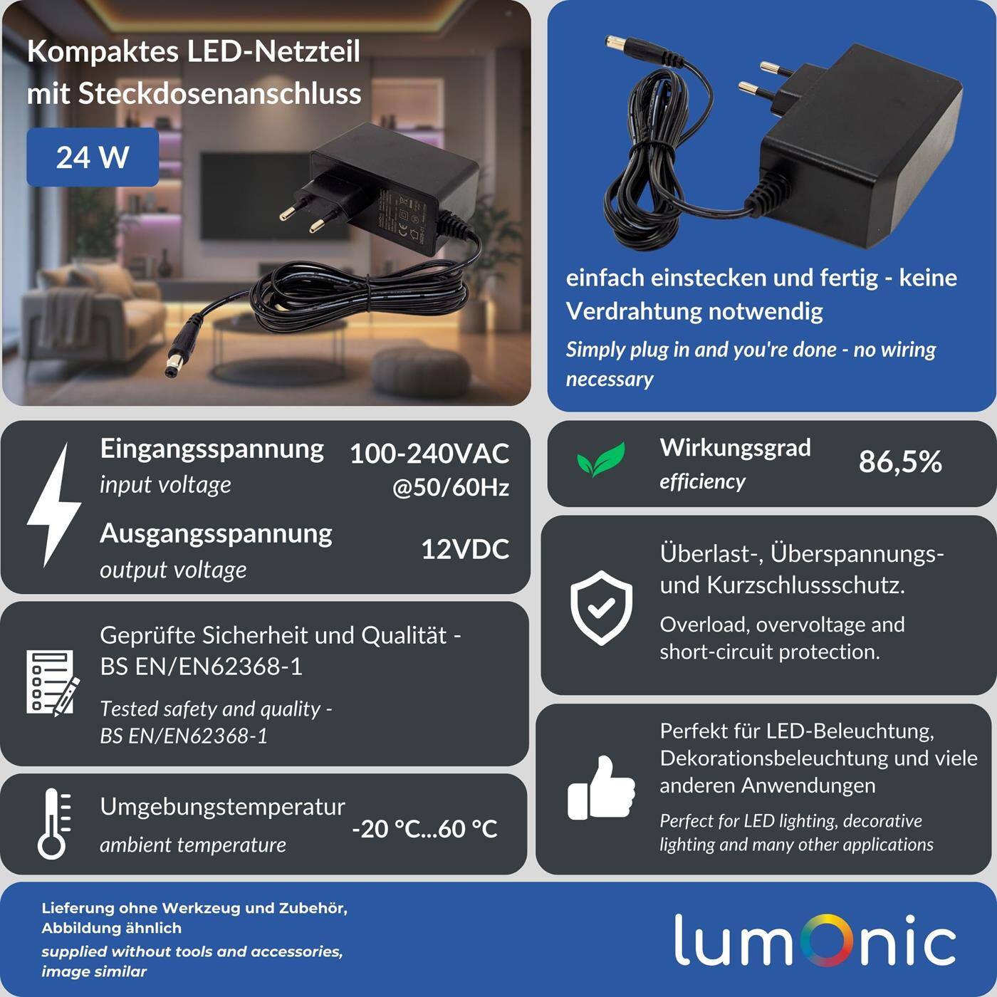 Lumonic I LED plug-in power supply PIP-24-12 I 12V 24W I Input 100-240VAC I Extra long cable with hollow plug 5,5/2,1 I Overload protection I universeller EU-Netzadapter I for LED strips