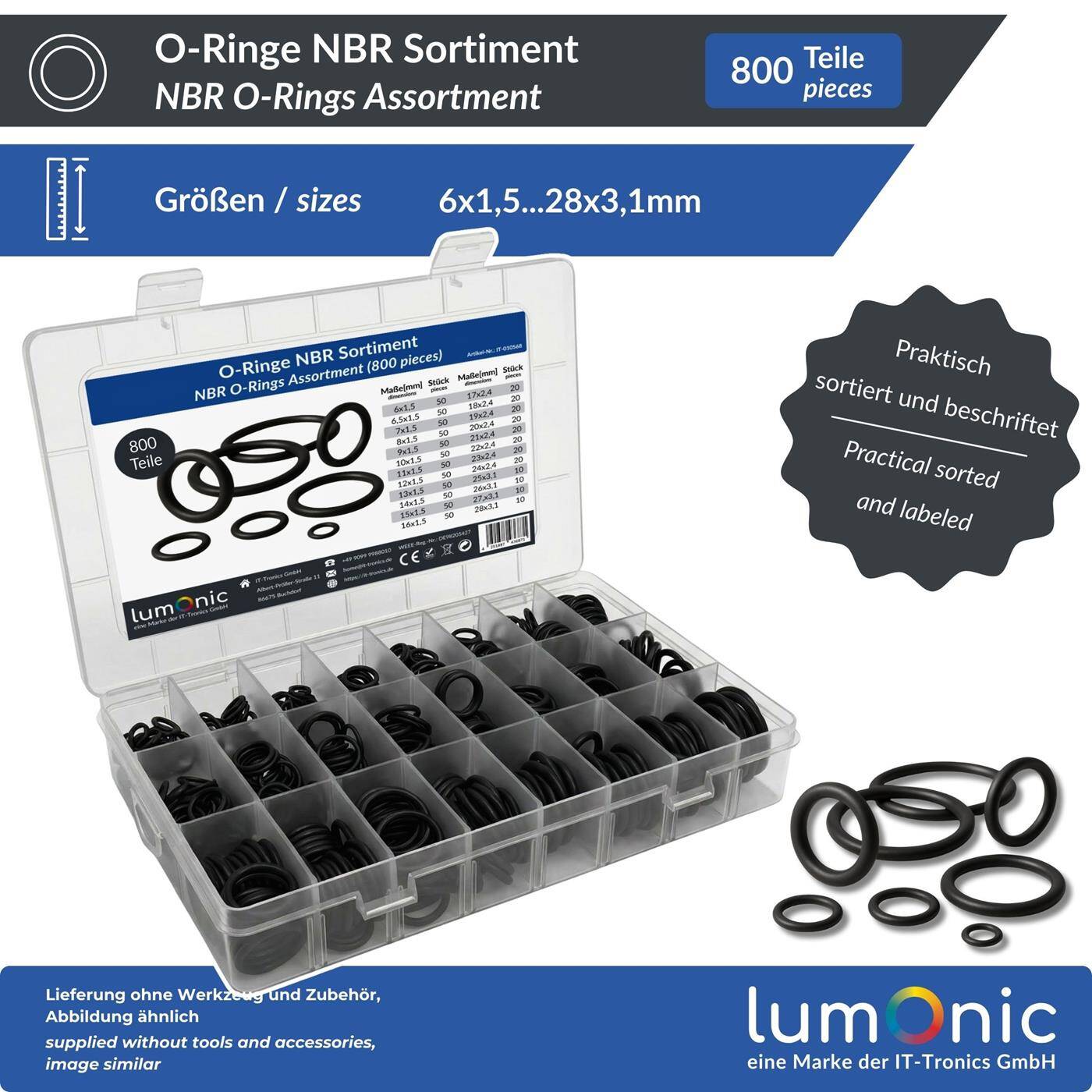 Lumonic O-Ring Sortiment NBR | 800 Teile, 24 gängige Größen (6-28mm) | -40°C bis +120°C | Nitril Dichtungsringe Set | in praktischer Sortimentsbox