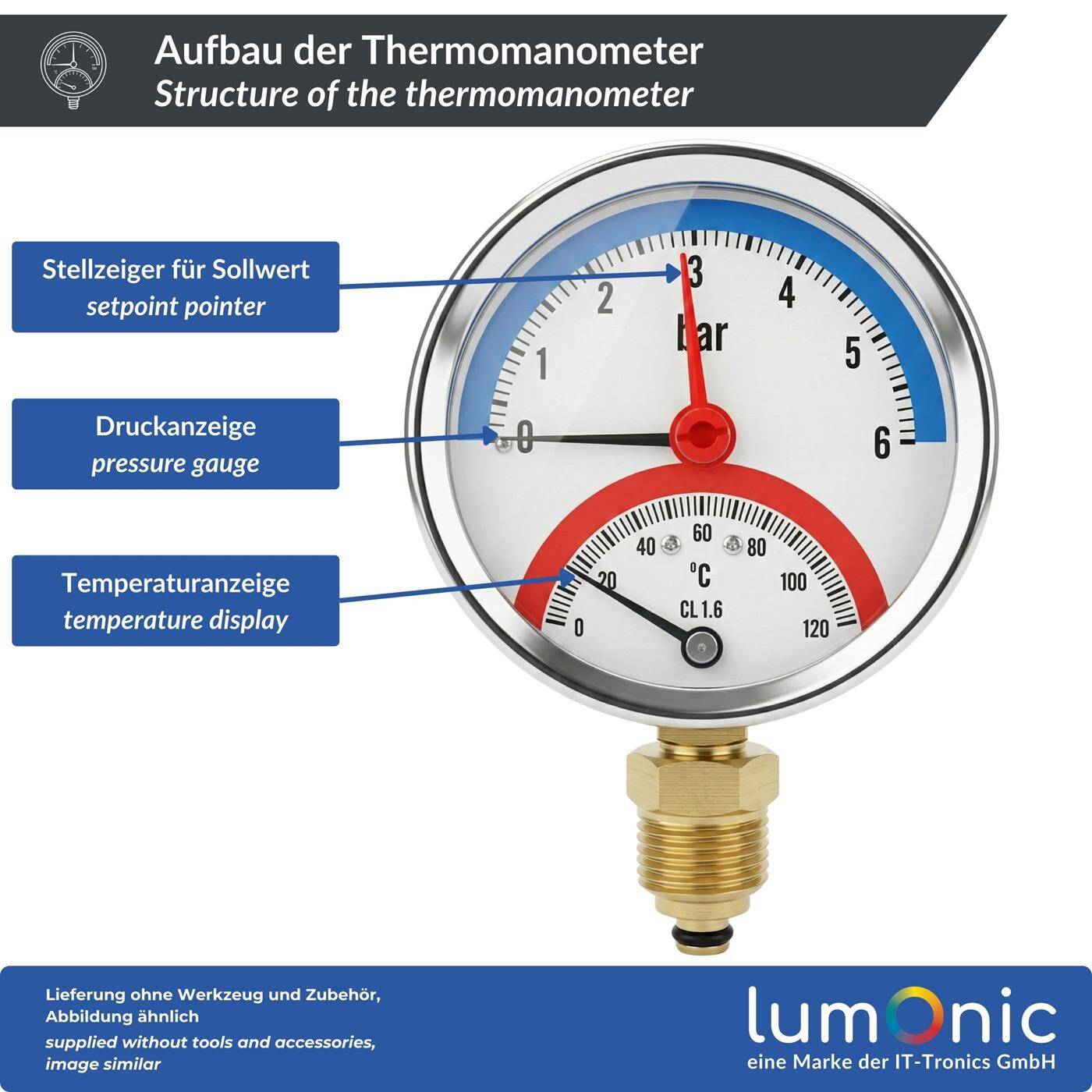 Thermomanometer 6bar 0-120°C 1/4 + 1/2 inch (adapter) Bottom connection Ø 80mm large scale Heating pressure gauge Metal housing