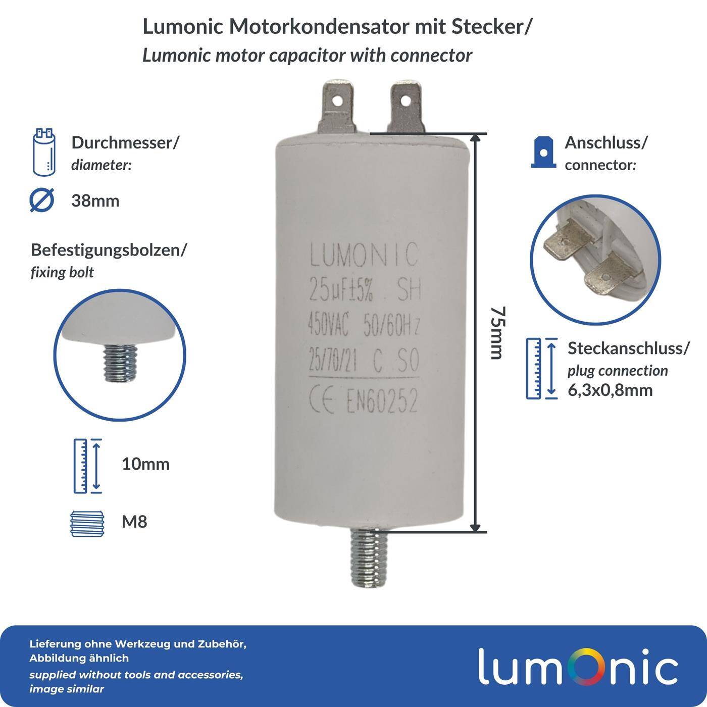 Lumonic Starting capacitor 25µF 450V | with Plug I 38x75mm I 25uF I Motor capacitor with plastic housing I Operating capacitor I for pumps, lawn mowers, tools