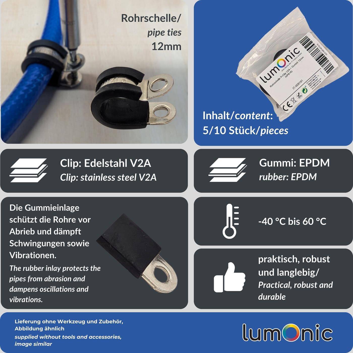 10x P-Clip Leitungsschelle Edelstahl V2A mit Gummi 12mm Rohrschelle Befestigungsschelle