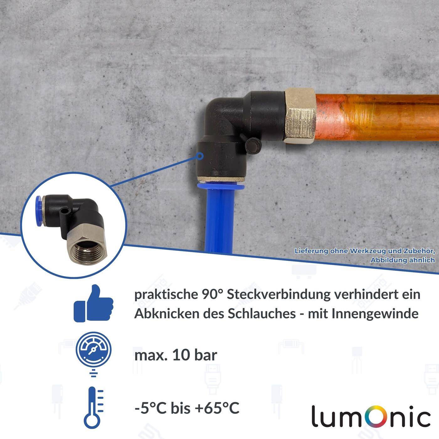 PU hose 90° plug connector fitting with female thread 8mm*3/8inch Angle connector L-connector Pneumatic plug connector Fitting Compressed air PU hose 90° plug connector fitting with female thread 8mm*3/8inch Angle connector L-connector Pneumatic plug connector Fitting Compressed air