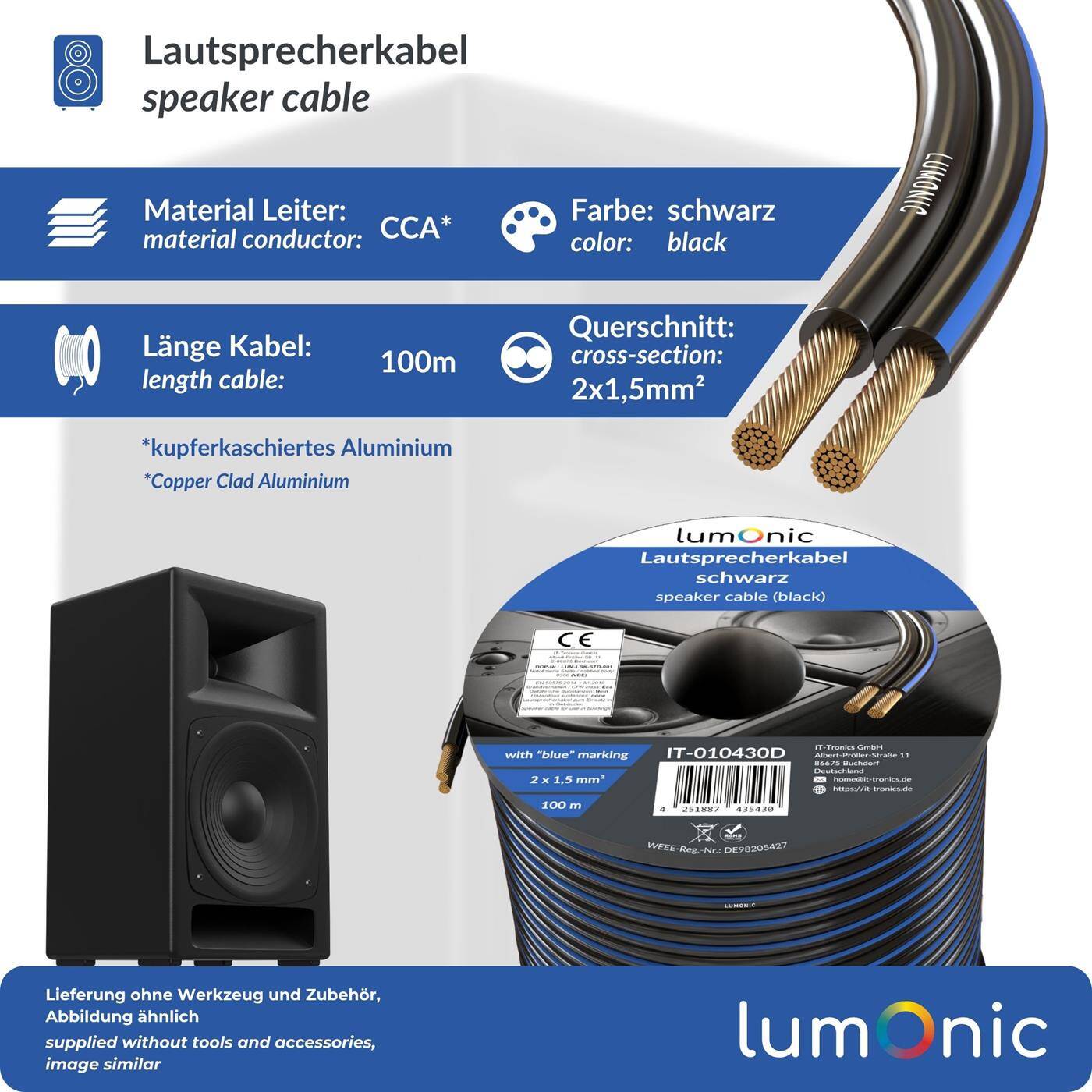 Lumonic Lautsprecherkabel | 100m Schwarz | 2x 1,5mm² CCA | blaue Markierung HiFi Boxenkabel | Audio Zwillingsleitung