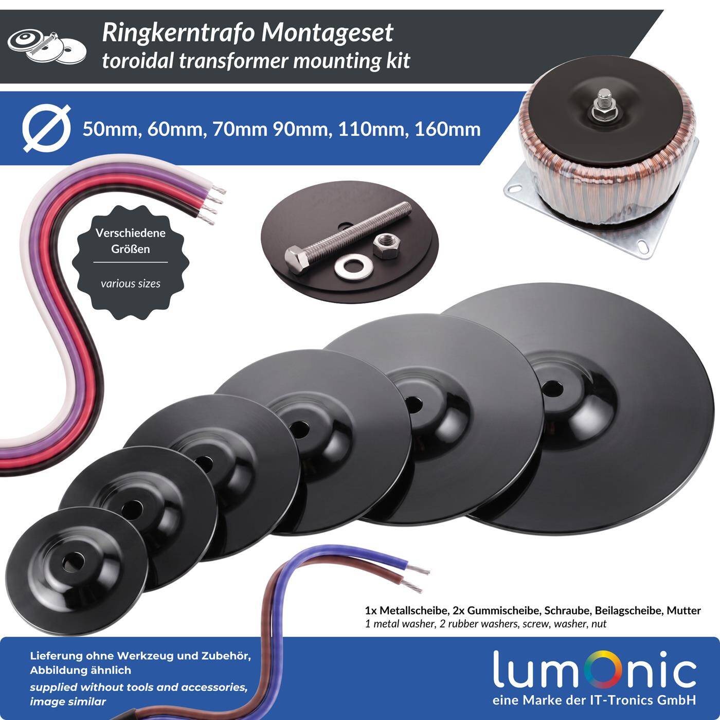 Lumonic Mounting kit with rubber washers for toroidal transformers, 110 mm—size = washer diameter, 6-piece mounting kit, mechanical decoupling, for equipment manufacturing and DIY hi-fi projects