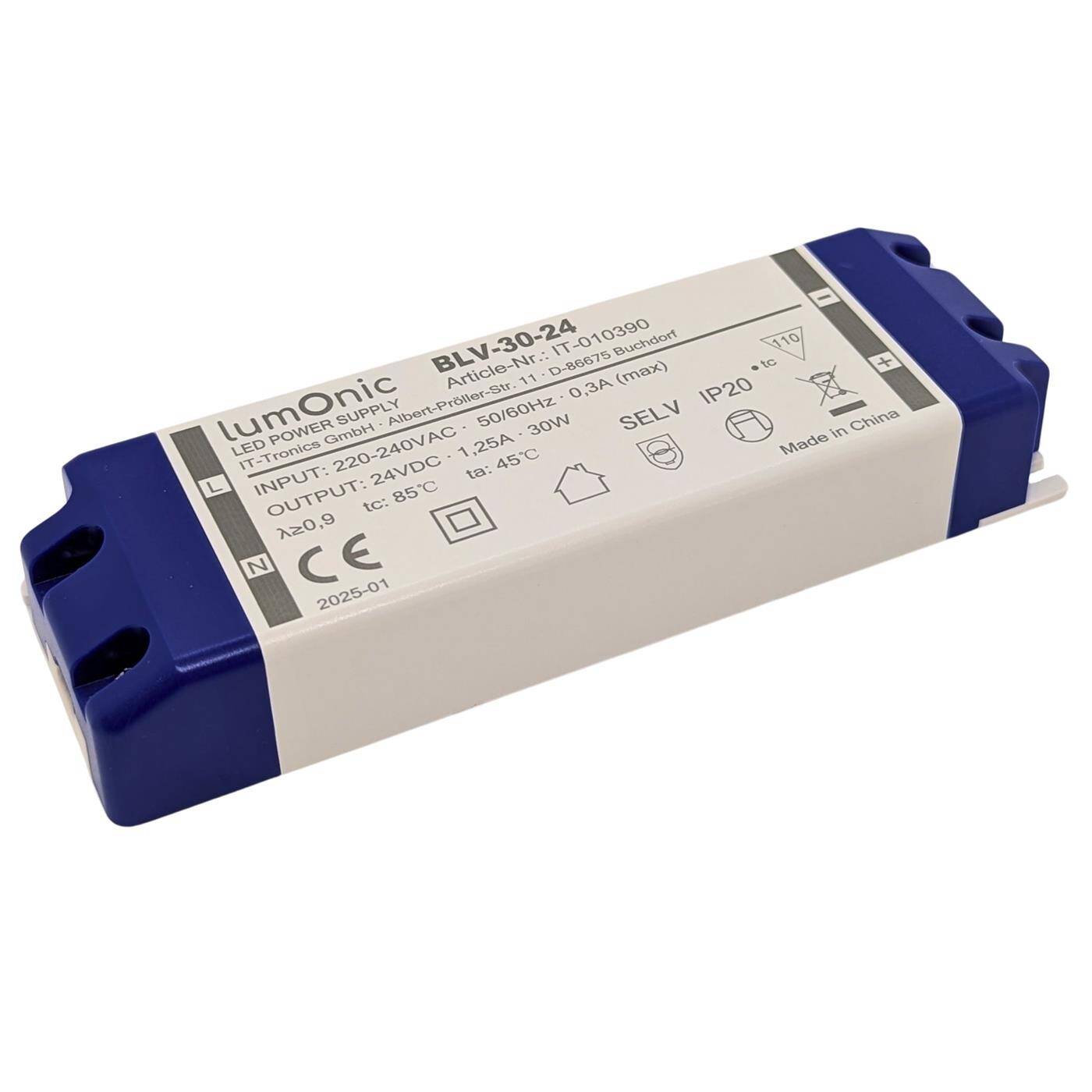 Lumonic I LED transformer BLV-30-24 I 24V 30W I Input 220-230VAC I flicker-free I Overload protection I LED power supply unit I for LED lighting