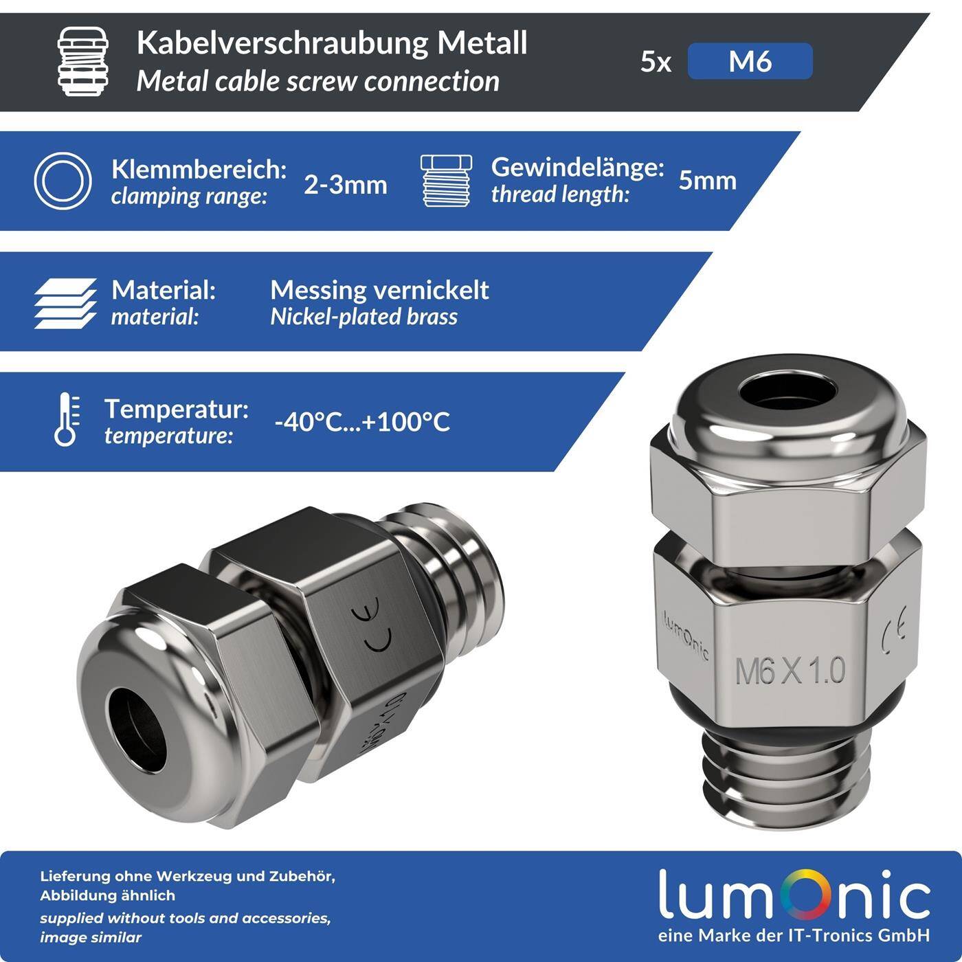 Lumonic Set of 5 metal cable glands M6 | Clamping range 2-3mm | IP68 | with locknut | Nickel-plated brass, EMC | -40...+100°C