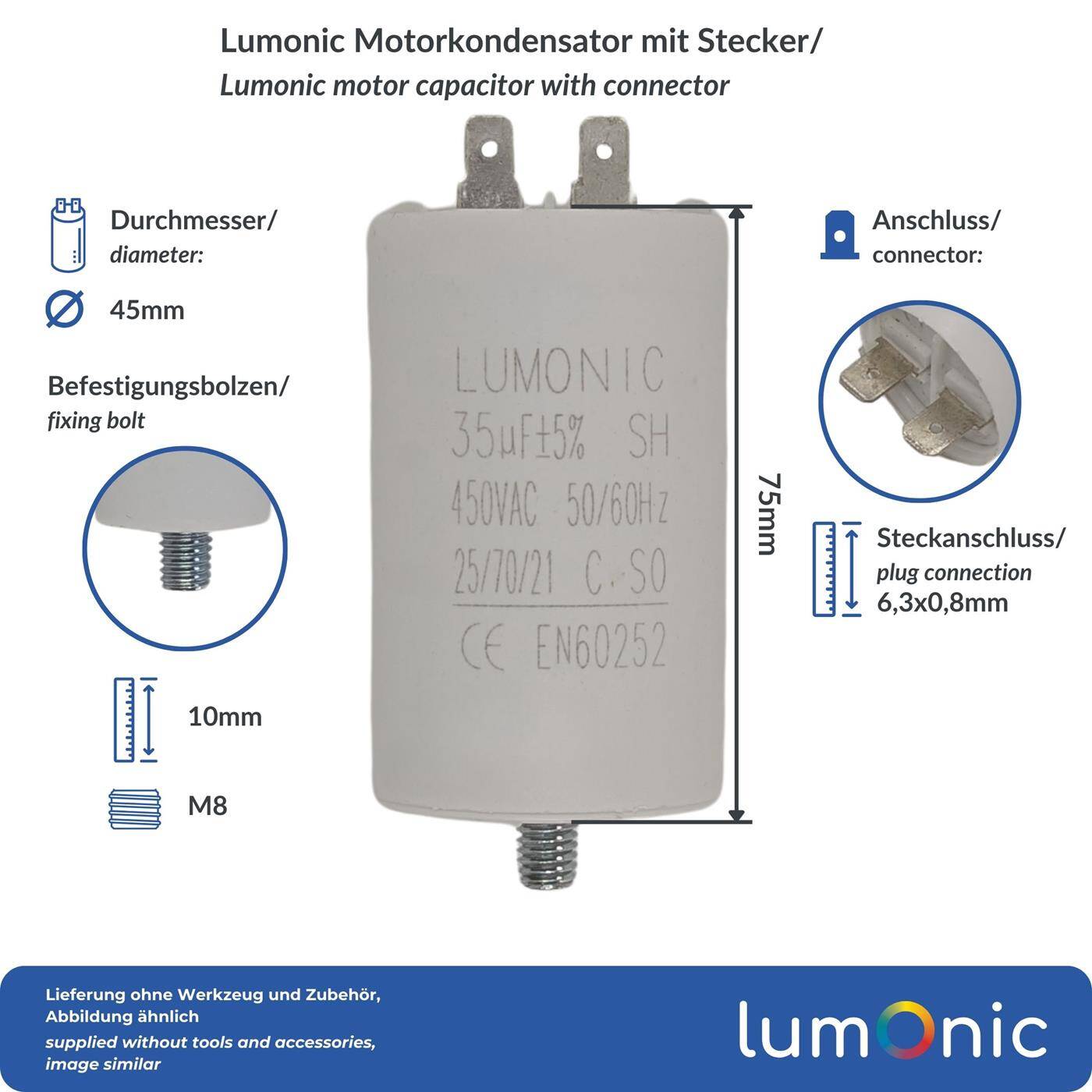 Lumonic Anlaufkondensator 35µF 450V | mit Stecker I 45x75mm I 35uF I Motorkondensator mit Kunststoffgehäuse I Betriebskondensator I für Pumpen, Rasenmäher, Werkzeuge