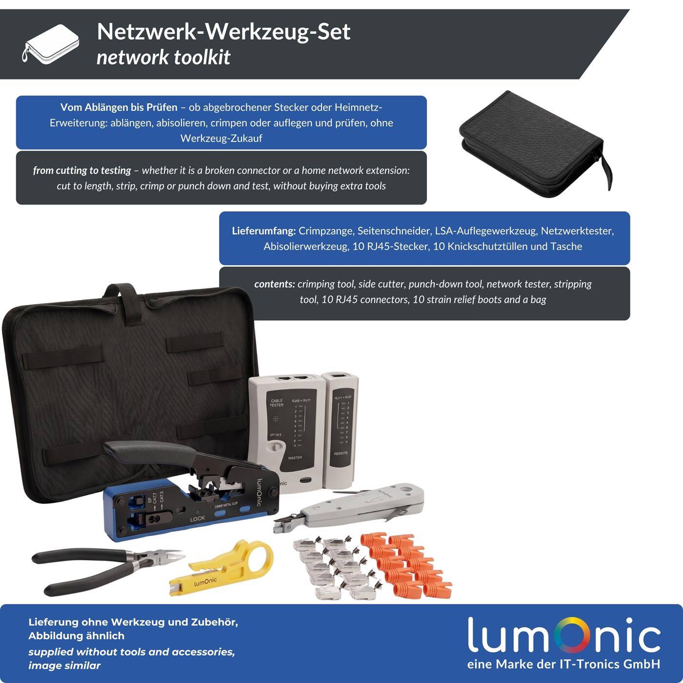 Lumonic Netzwerk-Werkzeug-Set mit Crimpzange und Netzwerktester - Pass-Through-Crimpzange und -Stecker, LSA-Auflegewerkzeug für Krone und 110, Netzwerktester RJ45/RJ11, Abisolierwerkzeug