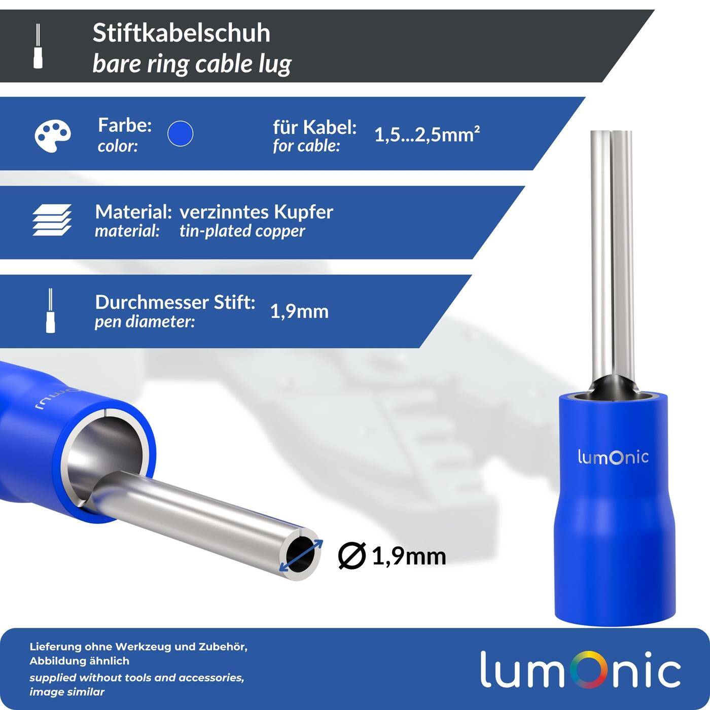 Lumonic 25x Stiftkabelschuh 1,5-2,5mm² Blau | Kupfer verzinnt | sichere Kabelverbindung ohne Löten | Crimp-Kabelschuh ideal für Lüsterklemmen | KFZ, Maschinenbau, Wohnmobil