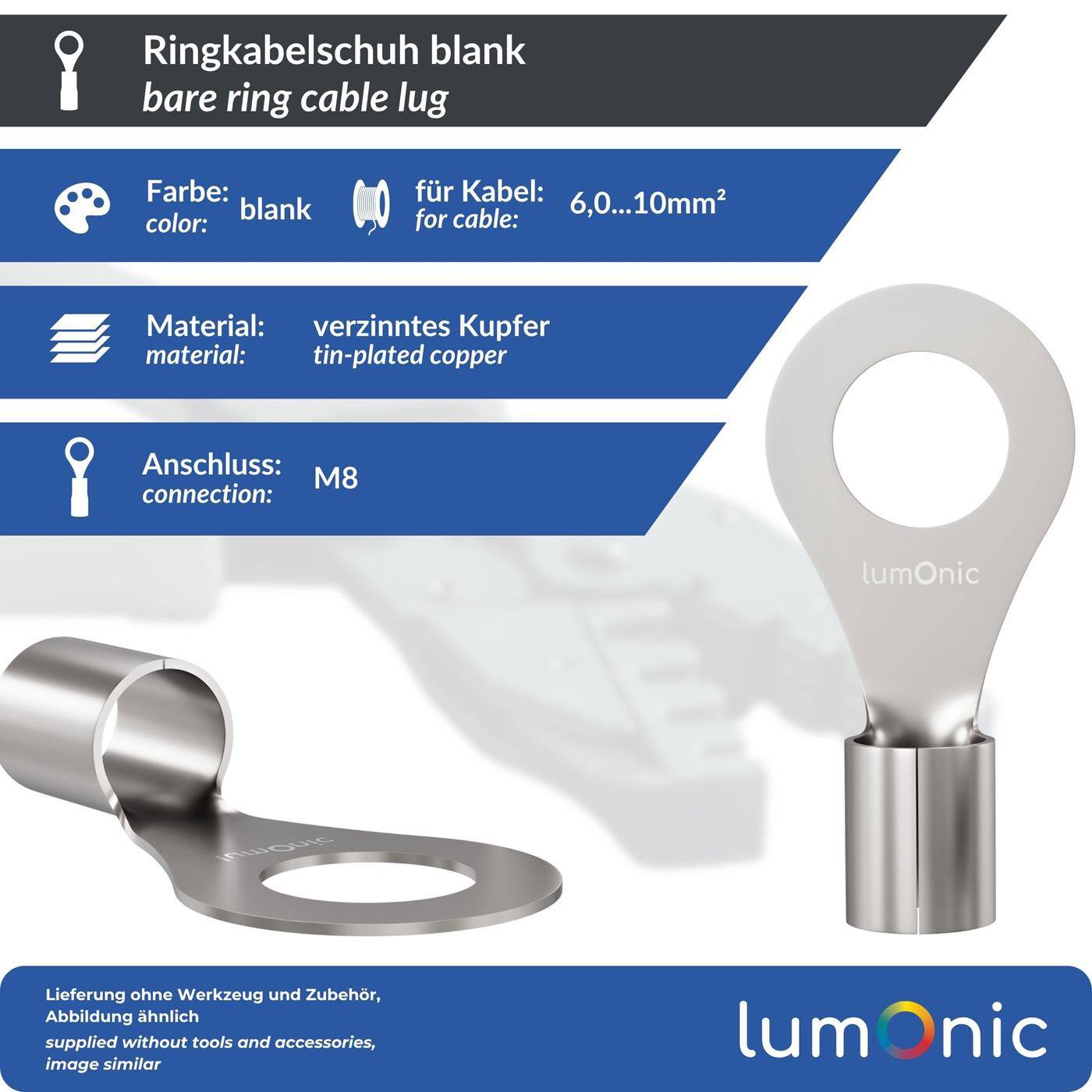 Lumonic 25x Ringkabelschuh 6,0-10,0mm² blank | M8 | Kupfer verzinnt | sichere Kabelverbindung ohne Löten | Crimp-Kabelschuh unisoliert | KFZ, Maschinenbau, Wohnmobil, Batterie