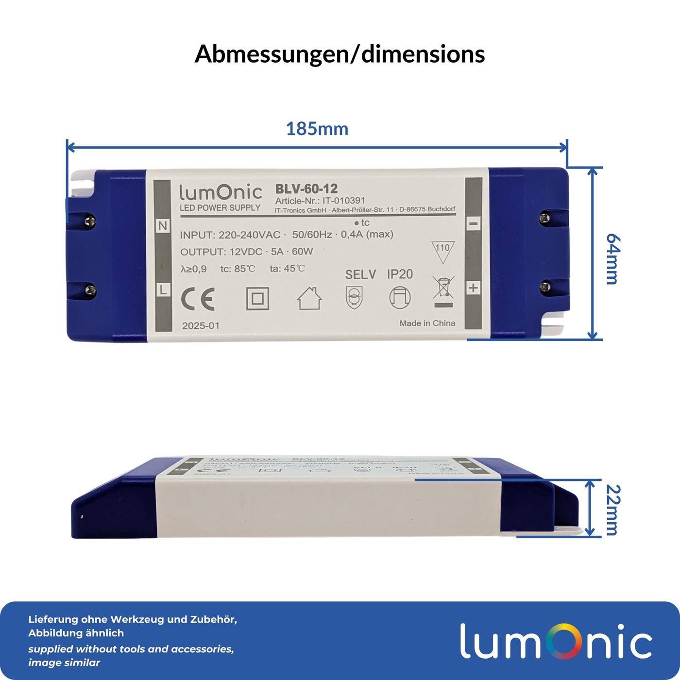 Lumonic I LED transformer BLV-60-12 I 12V 60W I Input 220-230VAC I flicker-free I Overload protection I LED power supply unit I for LED lighting