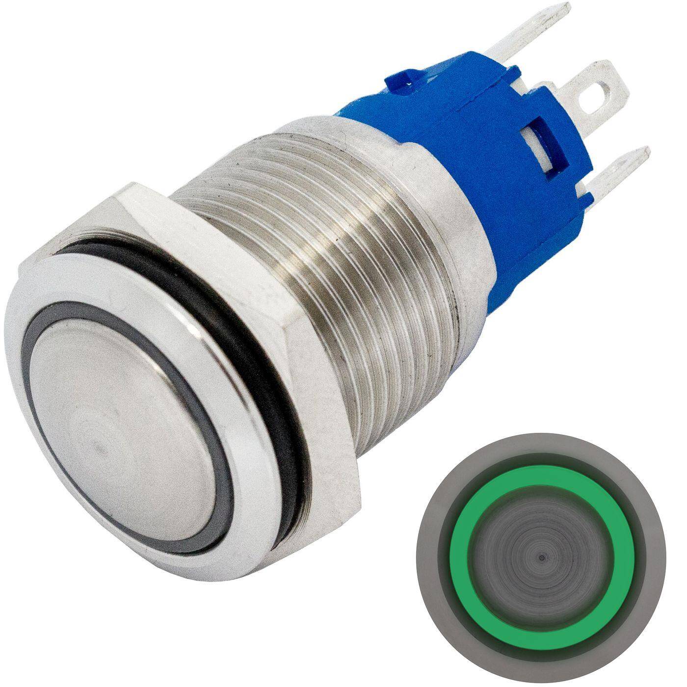 Lumonic Edelstahl Drucktaster gewölbt 16mm Durchmesser I Mit einer Ring LED in Grün Maße: 2,8x0,5mm Pin s 250V 3A I Vandalismussicher nach dem IP65 Standard