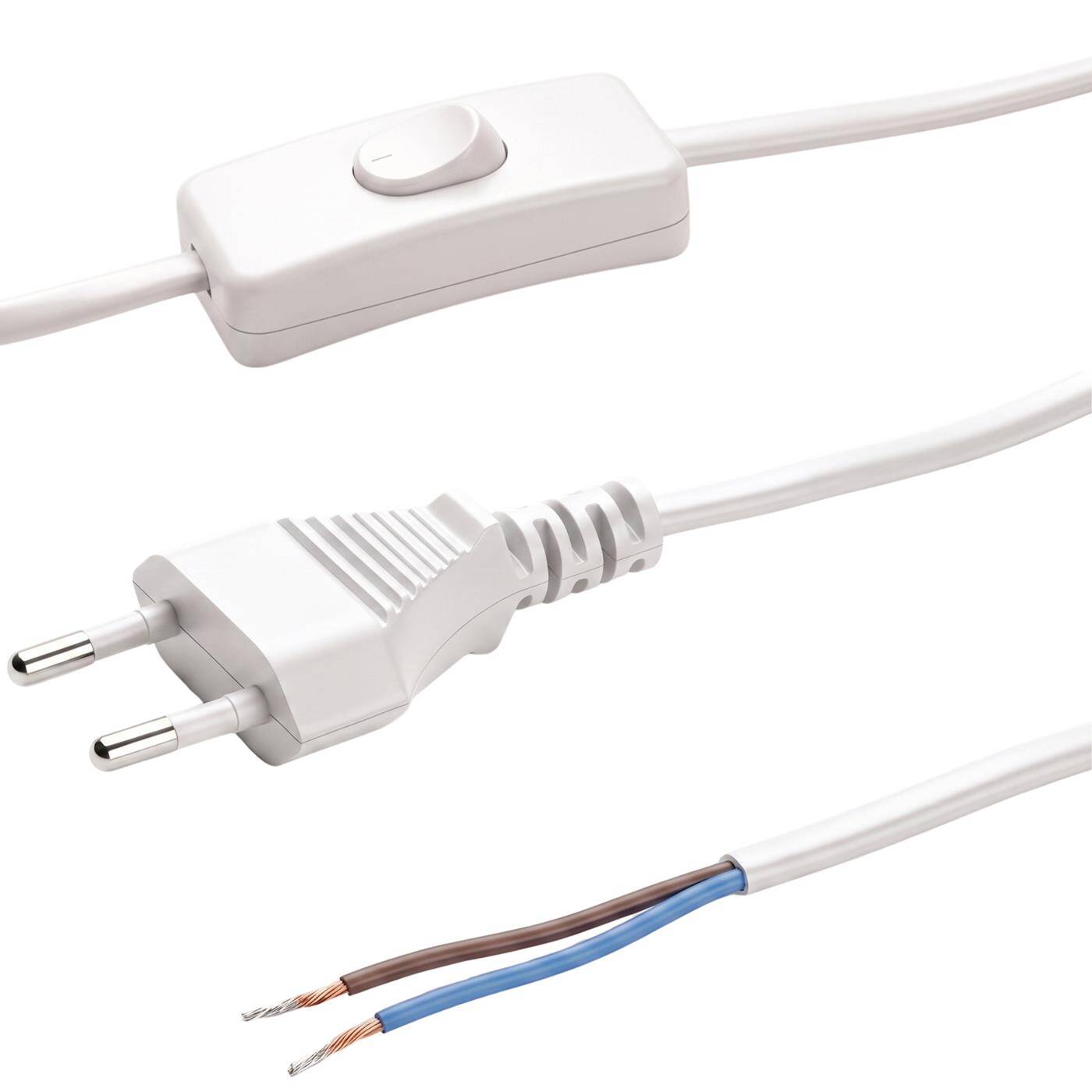 Lumonic Euro-Netzkabel mit Schalter und Offenen Enden, Weiß 1,5 m, 230 V - Schalter direkt am Kabel, macht Lampen und Deko bequem schaltbar, verzinnte offene Enden, Knickschutz am Eurostecker