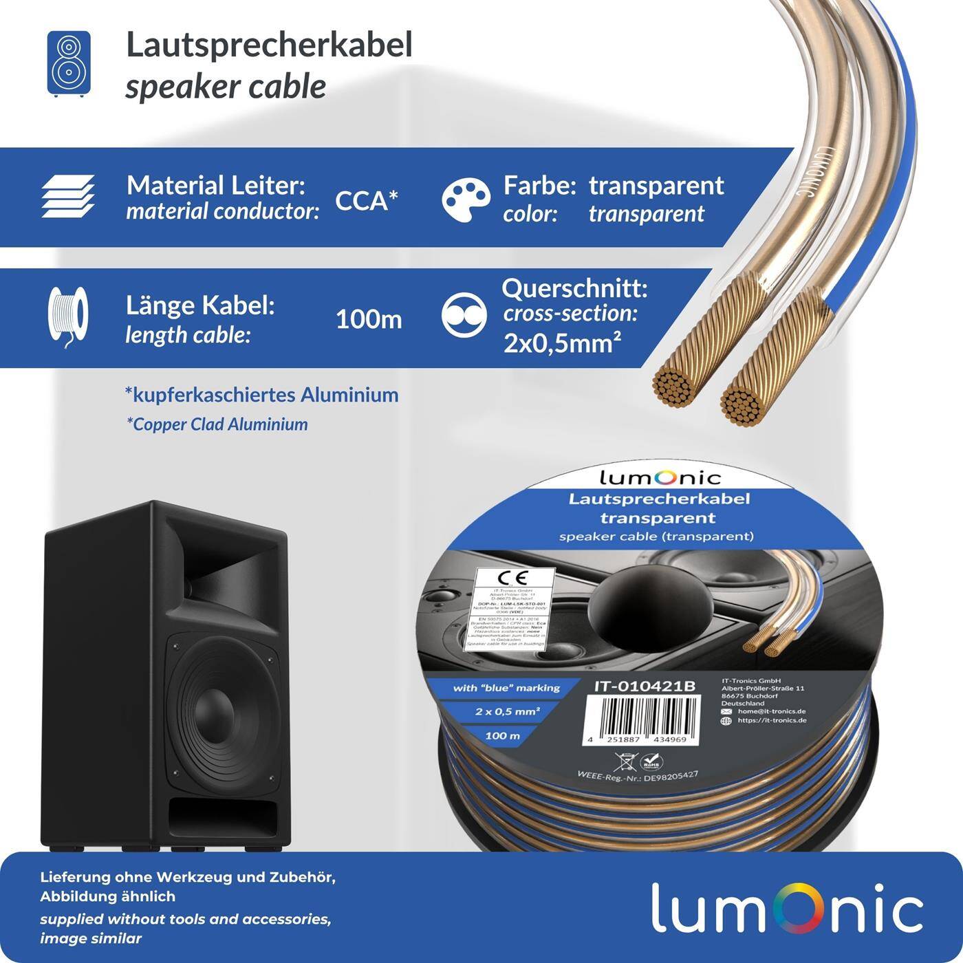 Lumonic Speaker cables | 100m Transparent | 2x 0,5mm² CCA | Blue marking HiFi speaker cable | Audio twin line
