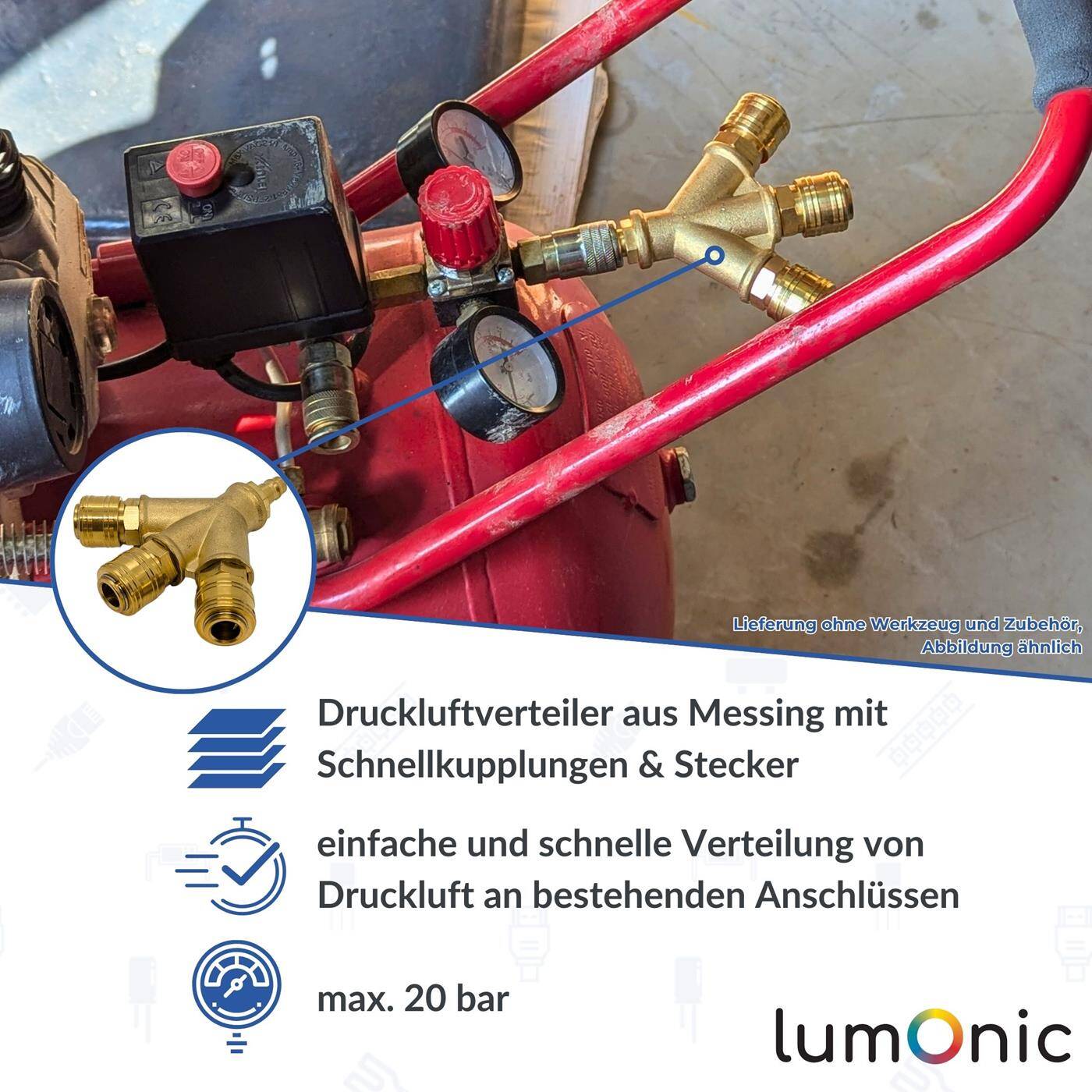 Compressed air distributor 3-fold complete with coupling plug made of brass Internal thread 3/8" Compressed air diverter Quick coupling Multiple distributor for workshops, businesses and DIY enthusiasts