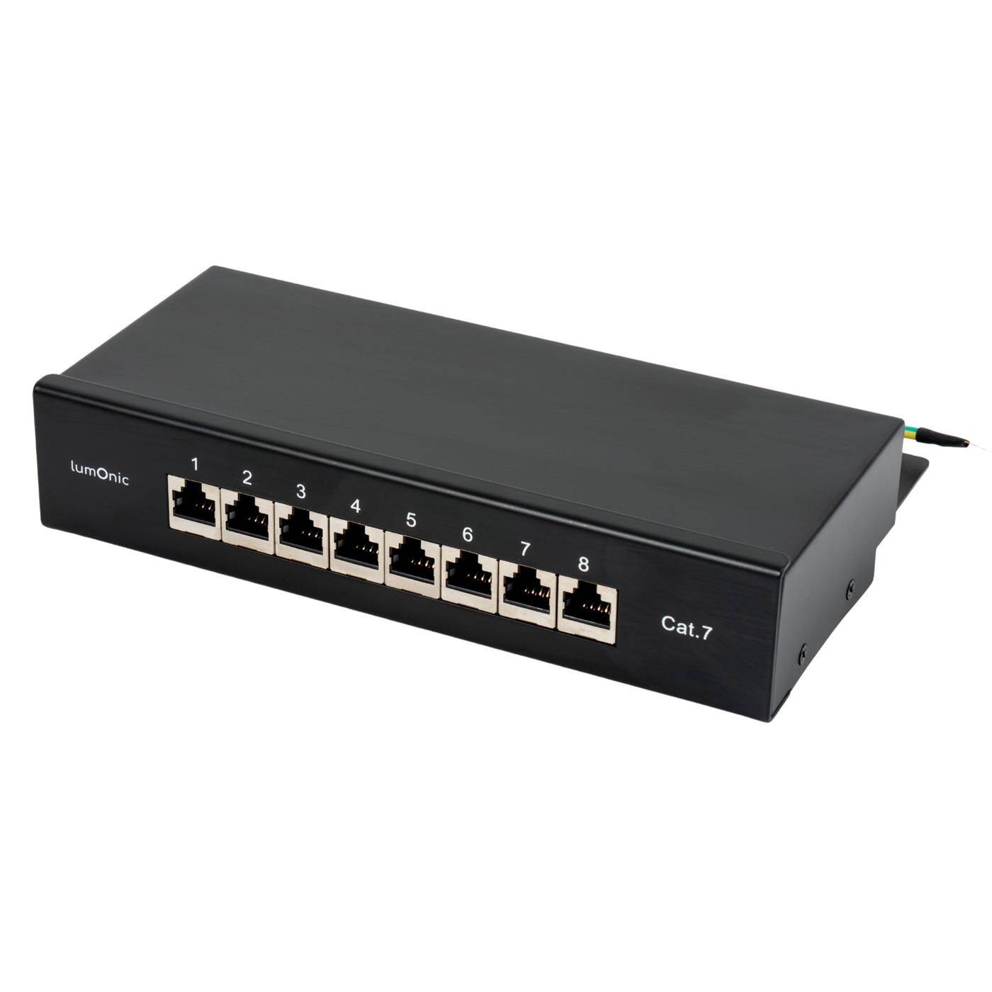Lumonic 10" Patchpanel Desktop CAT7 | 8 Port, 1HE mit Beschriftungsfeld | LSA-Montage, T568A/B farbcodiert | freistehend, Wandmontage | geschirmtes schwarzes Patchfeld | 10 Gbit/s + PoE