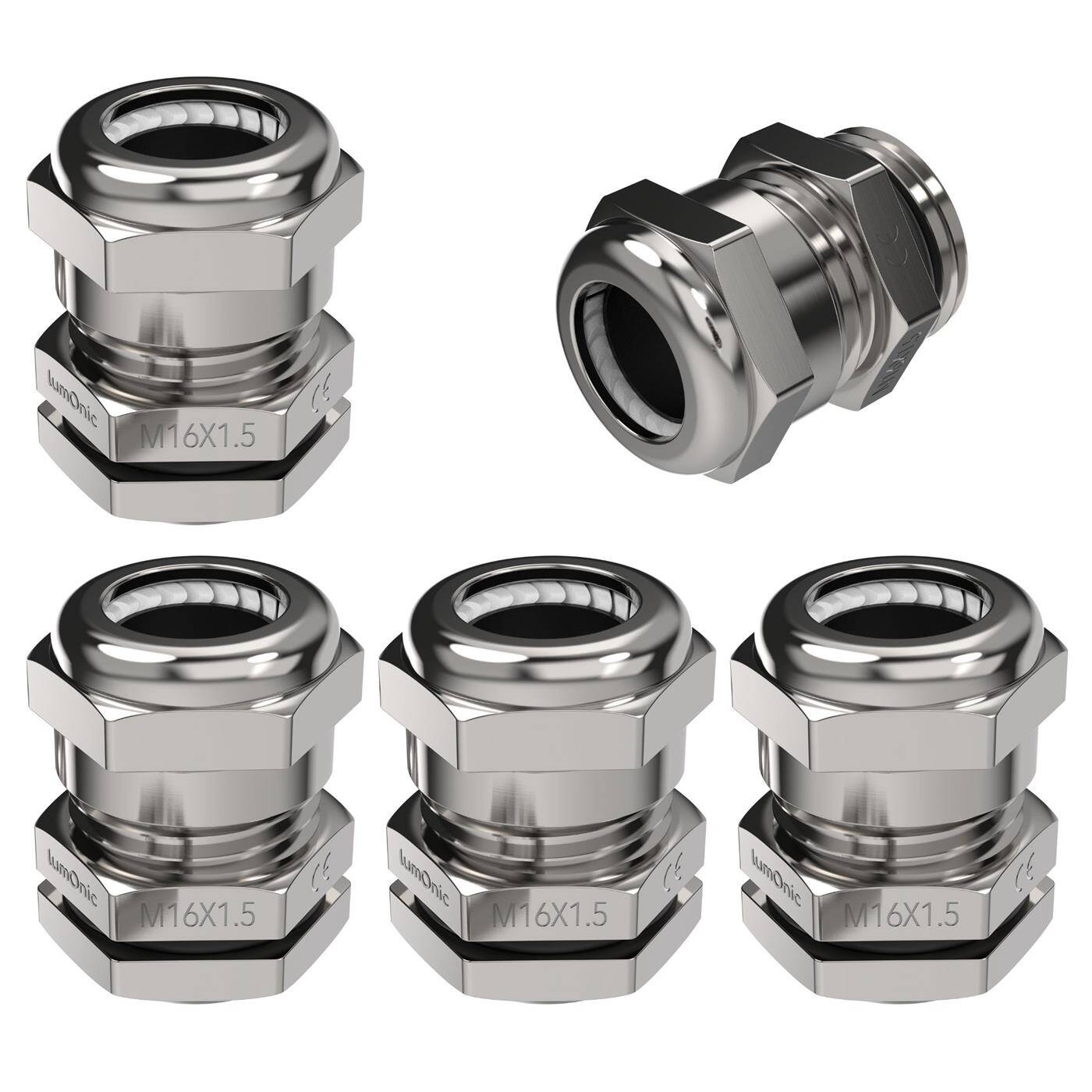 Lumonic Set of 5 metal cable glands M16 | Clamping range 5-10mm | IP68 | with locknut | Nickel-plated brass, EMC | -40...+100°C | corresponds to PG9