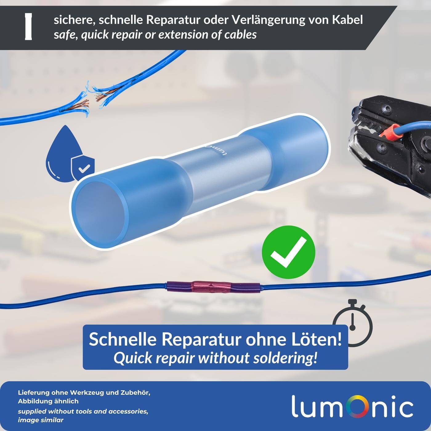 25x Schrumpf-Stoßverbinder Wasserdicht 1,5-2,5mm² Blau, ohne Löten Kabelverbinder mit Schrumpfschlauch + Kleber für KFZ, Garten & Elektro, für Kabelreparatur